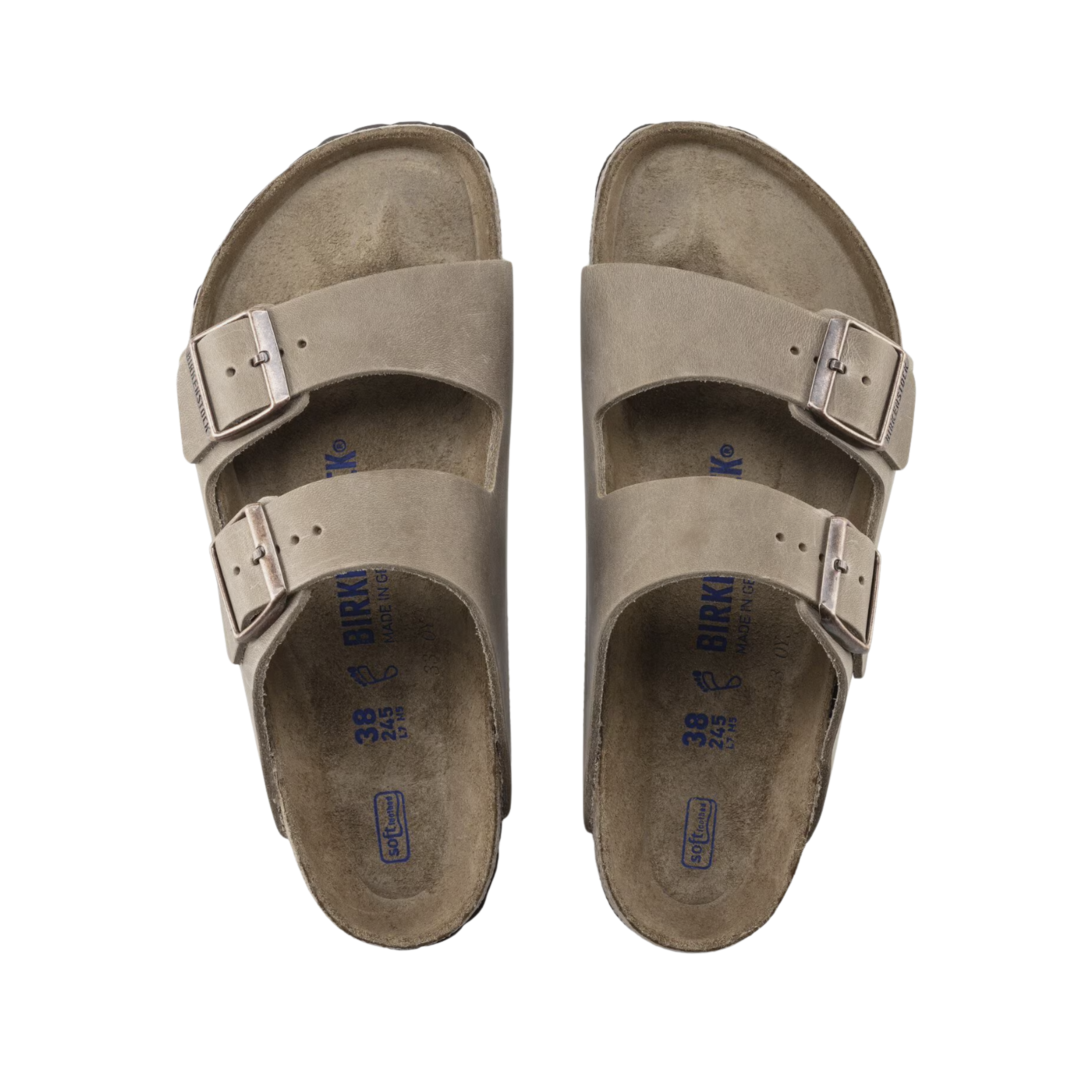 Top View of Women’s Birkenstock Arizona Soft Footbed Oiled Leather sandal in Tobacco Brown – featuring a sleek, smooth leather design with two adjustable straps and a cushioned footbed for superior comfort and support.