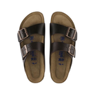 Top view of unisex Birkenstock Arizona Soft Footbed Smooth Leather sandal in Amalfi Testa di Moro – featuring smooth leather straps, a soft contoured cork-latex footbed, and adjustable buckles for a customized fit.