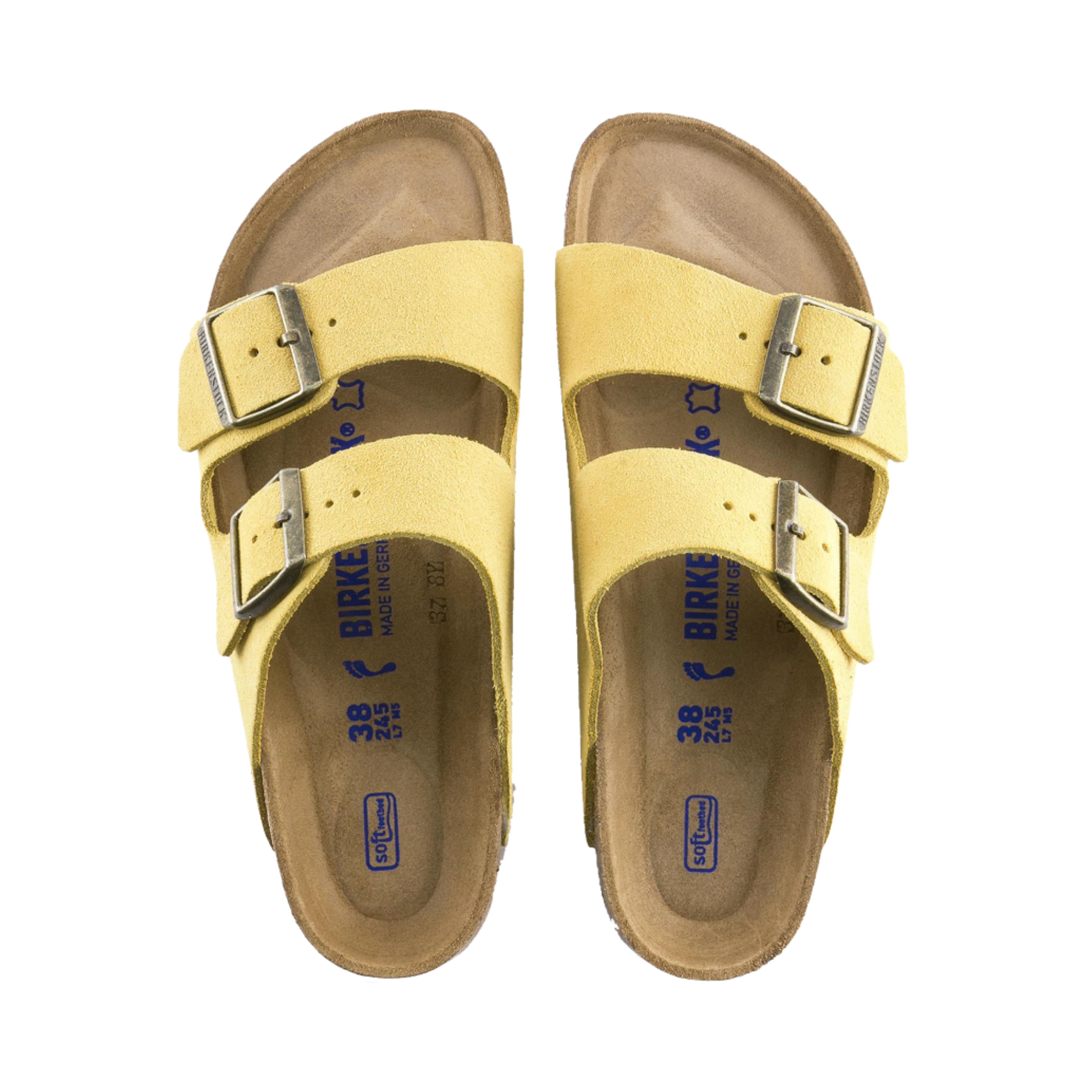 Top view of women’s Birkenstock Arizona Soft Footbed Suede Leather sandal in ochre – featuring dual suede straps, a soft contoured cork-latex footbed, and adjustable buckles for a personalized fit.
