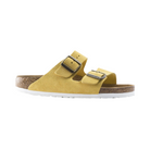 Side view of women’s Birkenstock Arizona Soft Footbed Suede Leather sandal in ochre – featuring premium suede construction, a shock-absorbing soft footbed, and supportive arch contours for all-day comfort.