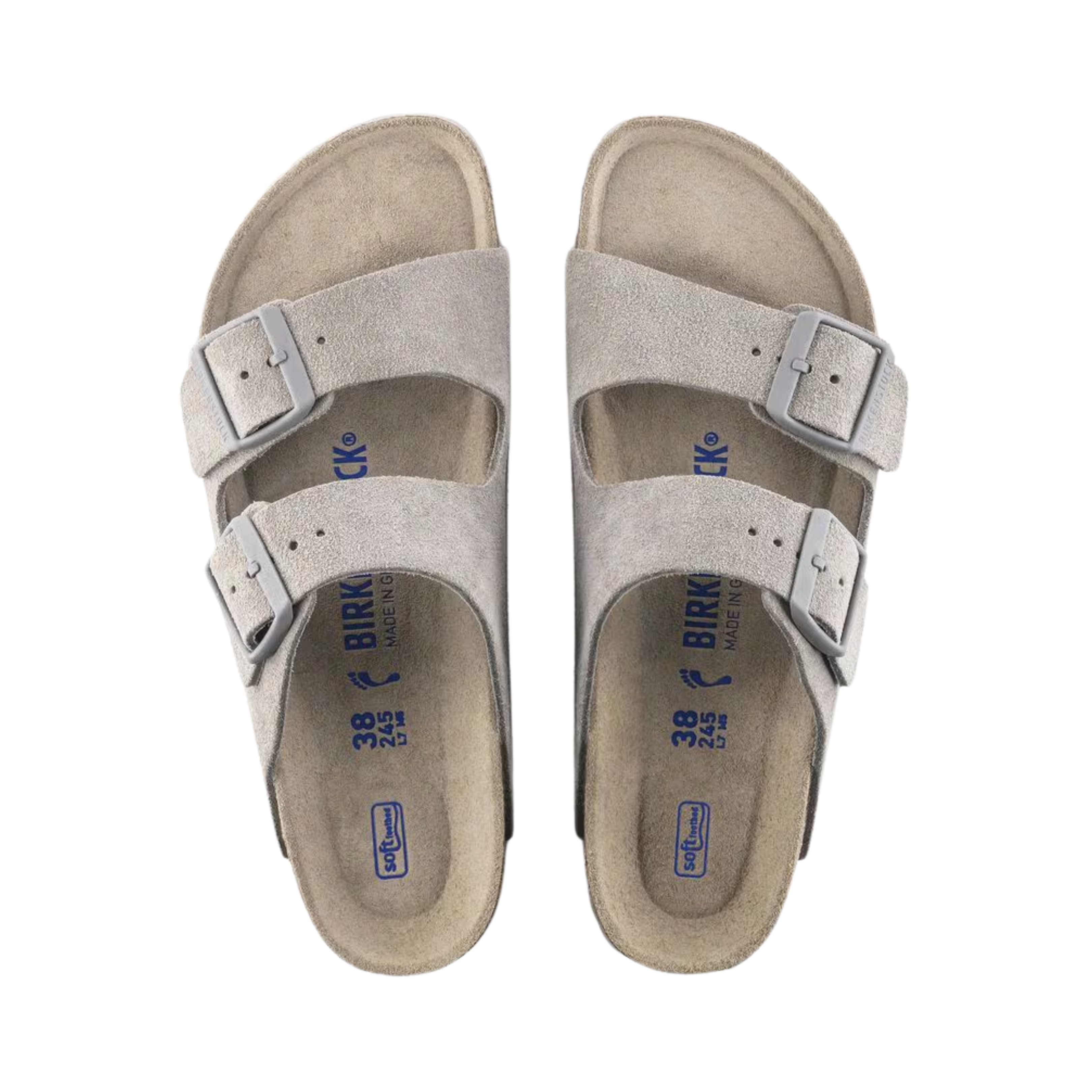 Top view of women’s Birkenstock Arizona Soft Footbed Suede Leather sandal in stone coin – featuring dual suede straps, a contoured cork-latex footbed with extra cushioning, and adjustable metal buckles for a secure fit.