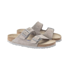 Side view of women’s Birkenstock Arizona Soft Footbed Suede Leather sandal in stone coin – featuring a soft footbed layer for added comfort, ergonomic arch support, and a supportive cork midsole.