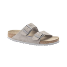 Bottom view of women’s Birkenstock Arizona Soft Footbed Suede Leather sandal in stone coin – featuring a durable EVA outsole with grooved traction for lightweight grip and stability.