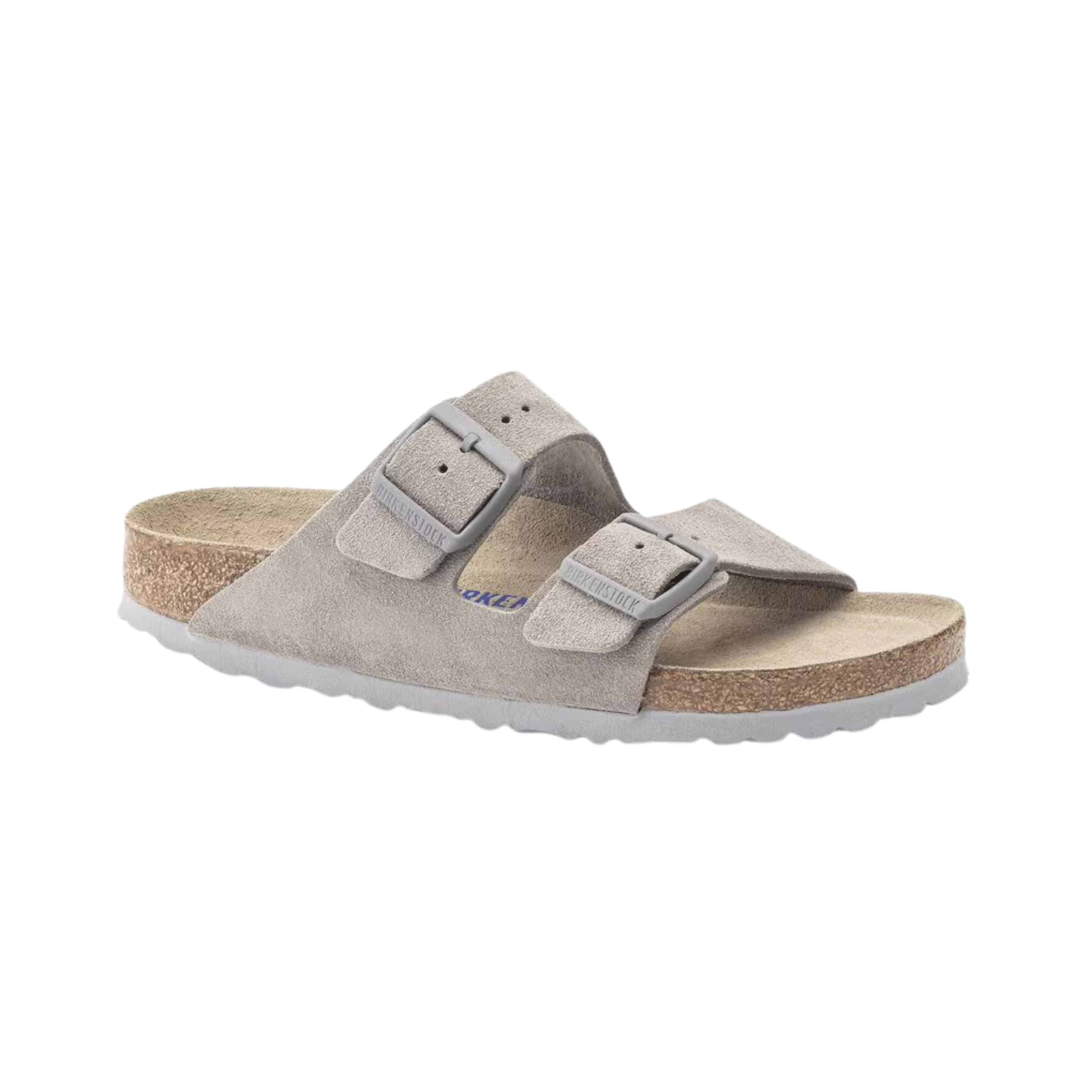 Bottom view of women’s Birkenstock Arizona Soft Footbed Suede Leather sandal in stone coin – featuring a durable EVA outsole with grooved traction for lightweight grip and stability.