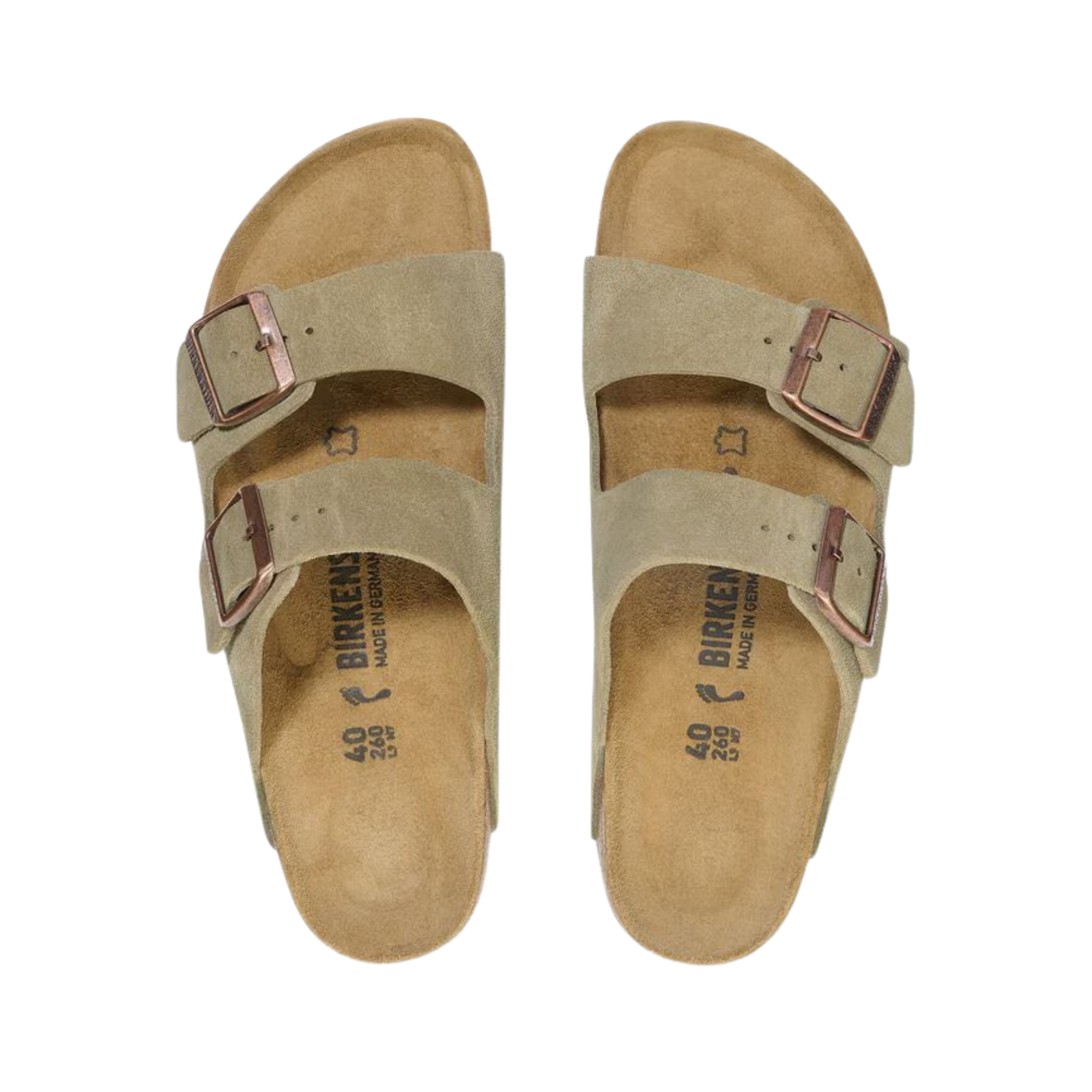 Top view of women’s Birkenstock Arizona Suede Leather sandal in taupe – featuring soft suede straps, a contoured cork-latex footbed, and dual adjustable buckles for a personalized fit