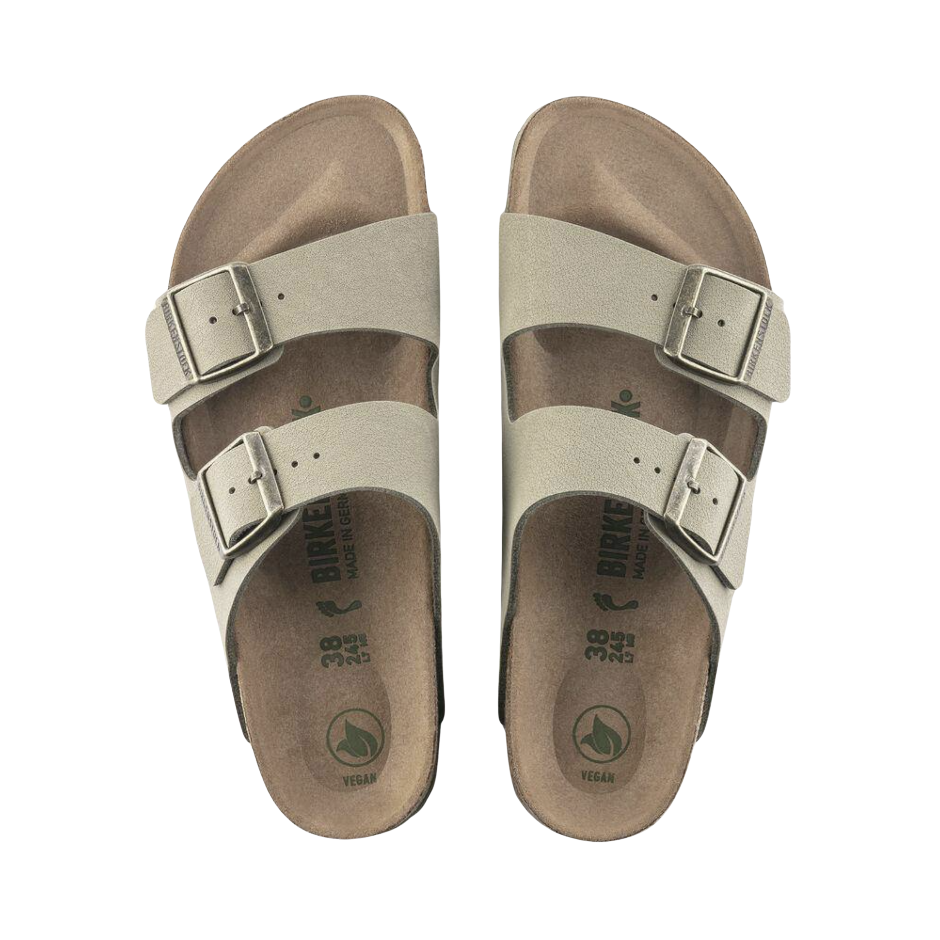 Top view of women’s Birkenstock Arizona Vegan Birkibuc sandal in khaki – featuring a soft microfiber footbed lining, dual adjustable buckle straps, and contoured cork-latex footbed for all-day support.