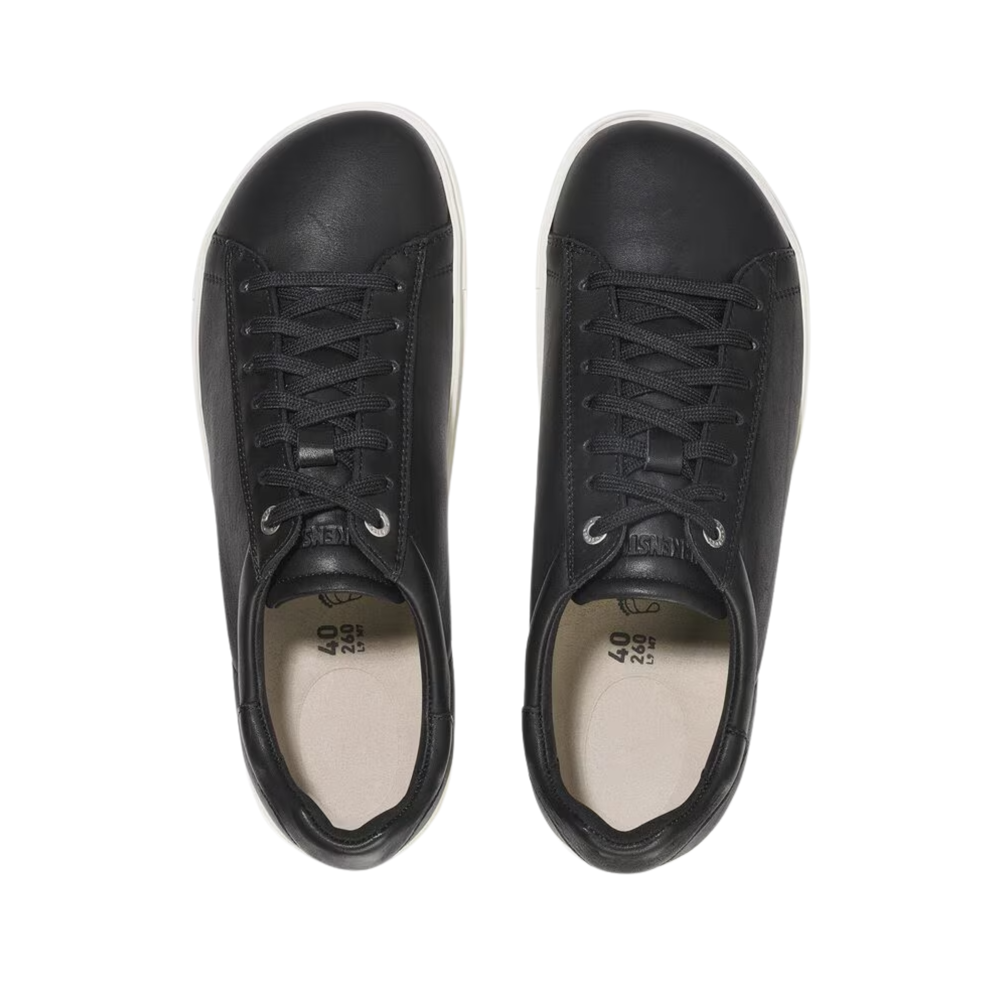 Top view of women’s Birkenstock Bend Low Leather sneaker in black – featuring a sleek leather upper, traditional lace-up design, and contoured cork-latex footbed for personalized comfort.