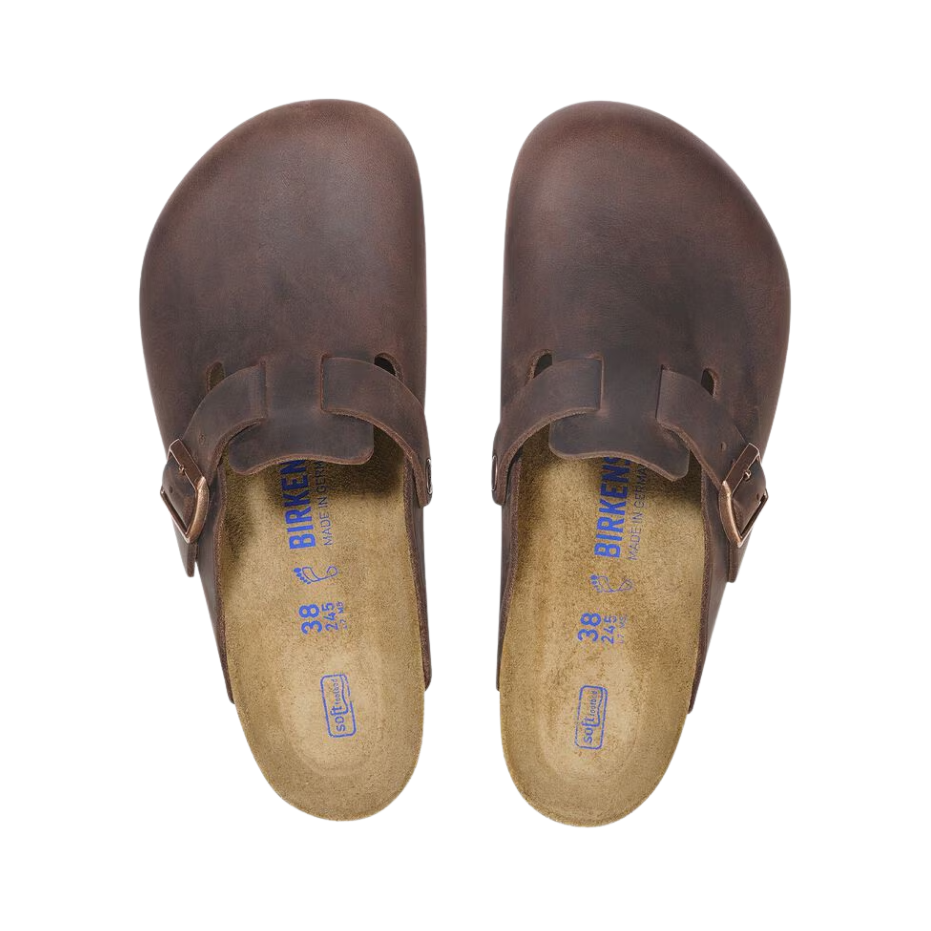 Top view of men’s Birkenstock Boston Soft Footbed Oiled Leather clog in habana – featuring a single adjustable strap, roomy closed-toe design, and soft contoured footbed for added cushioning.