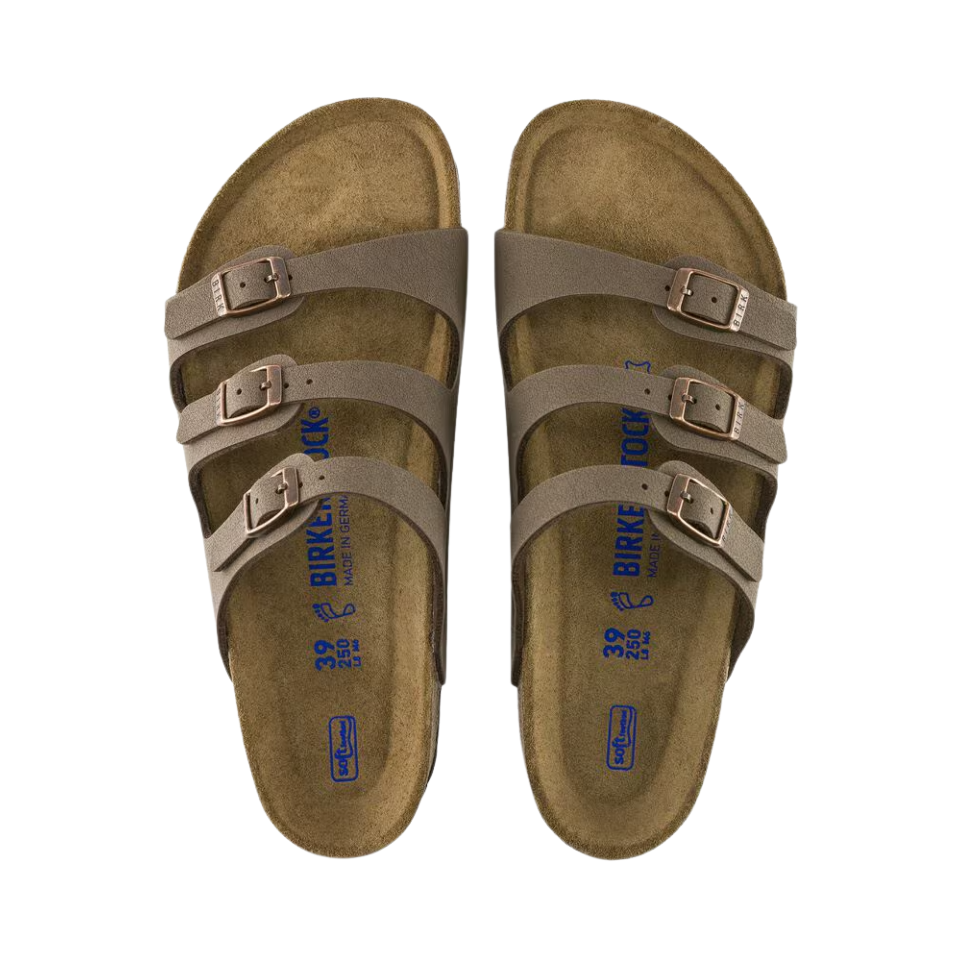 Top View of Women’s Birkenstock Florida Soft Footbed Birkibuc sandal in mocha – featuring three slim Birkibuc synthetic straps with adjustable metal buckles for a secure, customizable fit, anatomically shaped cork-latex soft footbed with added foam layer for superior cushioning, and suede lining for breathable, all-day comfort.