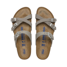 Top View of Women’s Birkenstock Franca Soft Footbed Nubuck Leather sandal in dove grey – featuring slim crisscross nubuck leather straps with adjustable metal buckles for a personalized fit, anatomically shaped cork-latex soft footbed with an added foam layer for enhanced cushioning, and suede lining for breathable, all-day comfort.