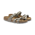 Side View of Women’s Birkenstock Franca Soft Footbed Nubuck Leather sandal in dove grey – featuring premium nubuck leather straps in a slim crisscross pattern with adjustable metal buckles for a personalized fit, contoured cork-latex soft footbed with integrated foam cushioning for enhanced comfort, deep heel cup and pronounced arch support for stability, and lightweight EVA outsole for shock-absorbing flexibility and everyday wear.