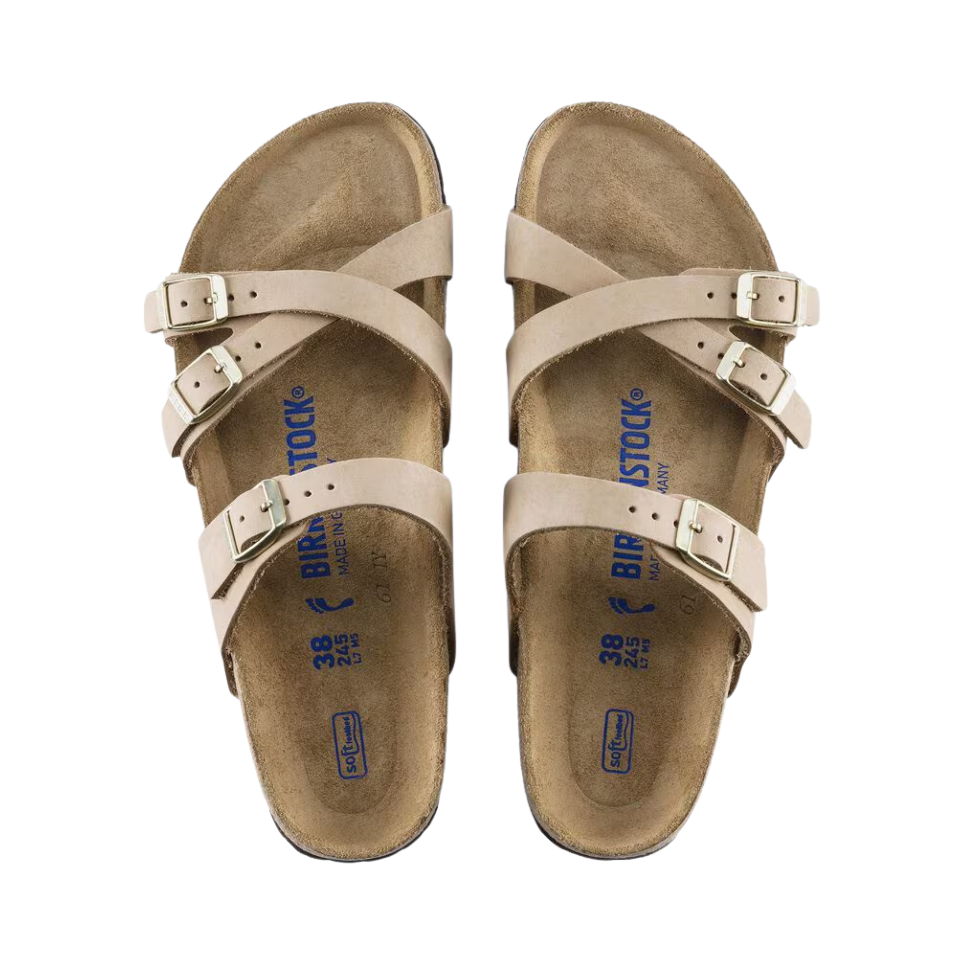Top View of Women’s Birkenstock Franca Soft Footbed Nubuck Leather sandal in sandcastle – featuring slim crisscross nubuck leather straps with metal buckles, contoured cork-latex soft footbed for added cushioning, and wide toe box for natural alignment.