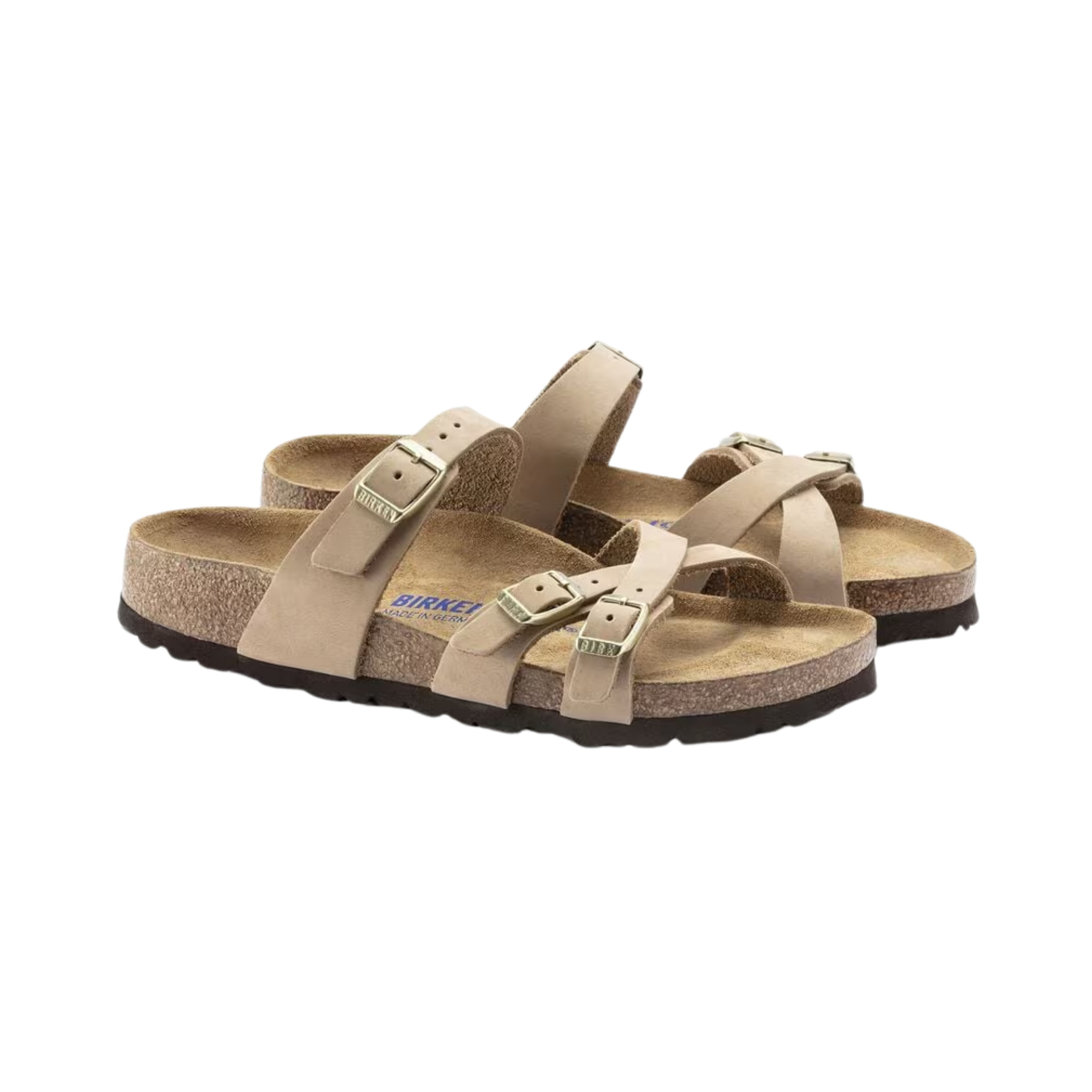Side View of Women’s Birkenstock Franca Soft Footbed Nubuck Leather sandal in sandcastle – featuring slender nubuck leather straps with adjustable buckles, contoured cork-latex soft footbed for extra cushioning, and flexible EVA outsole for everyday wear.