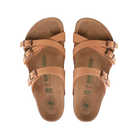 Top View of Women’s Birkenstock Franca Vegan Birkibuc sandal in pecan – featuring slim crisscross synthetic Birkibuc straps with adjustable buckles, microfiber-lined contoured cork-latex footbed for vegan comfort, and a roomy toe area for natural foot alignment.