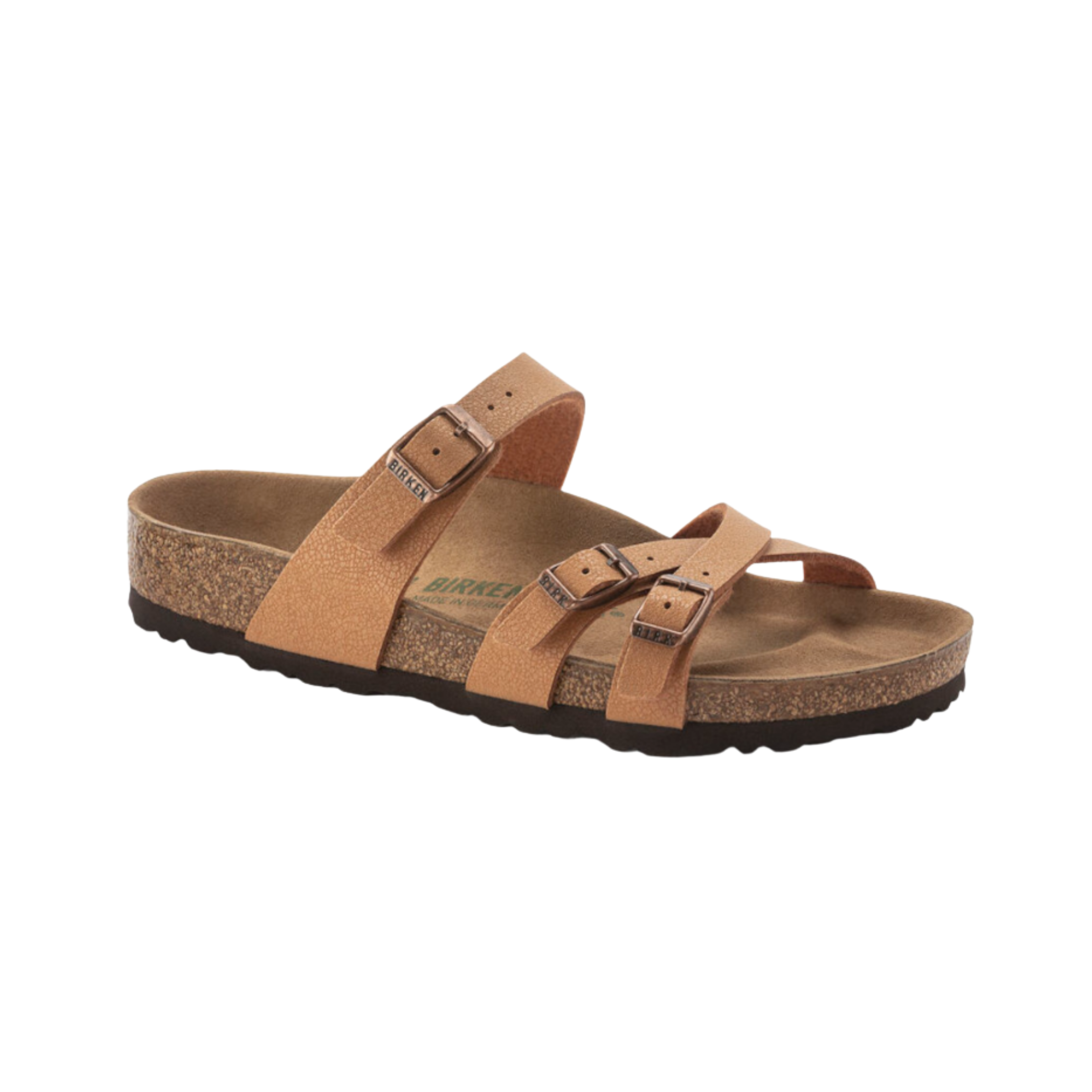 Side View of Women’s Birkenstock Franca Vegan Birkibuc sandal in pecan – featuring slim crisscross Birkibuc synthetic straps with adjustable metal buckles, anatomically shaped cork-latex footbed lined with microfiber for vegan comfort, and a lightweight EVA outsole for flexibility and shock-absorbing support.