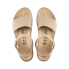 Top View of Women’s Birkenstock Glenda Nubuck Leather sandal in sandcastle – featuring wide nubuck leather straps with clean cut edges and a hook-and-loop closure for easy adjustability, microfiber lining for soft next-to-skin feel, and a contoured PU footbed with deep heel cup and pronounced arch support designed to promote natural foot alignment and comfort.
