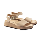 Side View of Women’s Birkenstock Glenda Nubuck Leather sandal in sandcastle – featuring soft nubuck leather straps with an adjustable hook-and-loop closure for a custom fit, breathable microfiber lining for enhanced comfort, and a contoured PU footbed with deep heel cup and anatomical arch support. The lightweight cork and EVA midsole offers shock-absorbing cushioning, while the durable rubber outsole provides flexible, slip-resistant traction.
