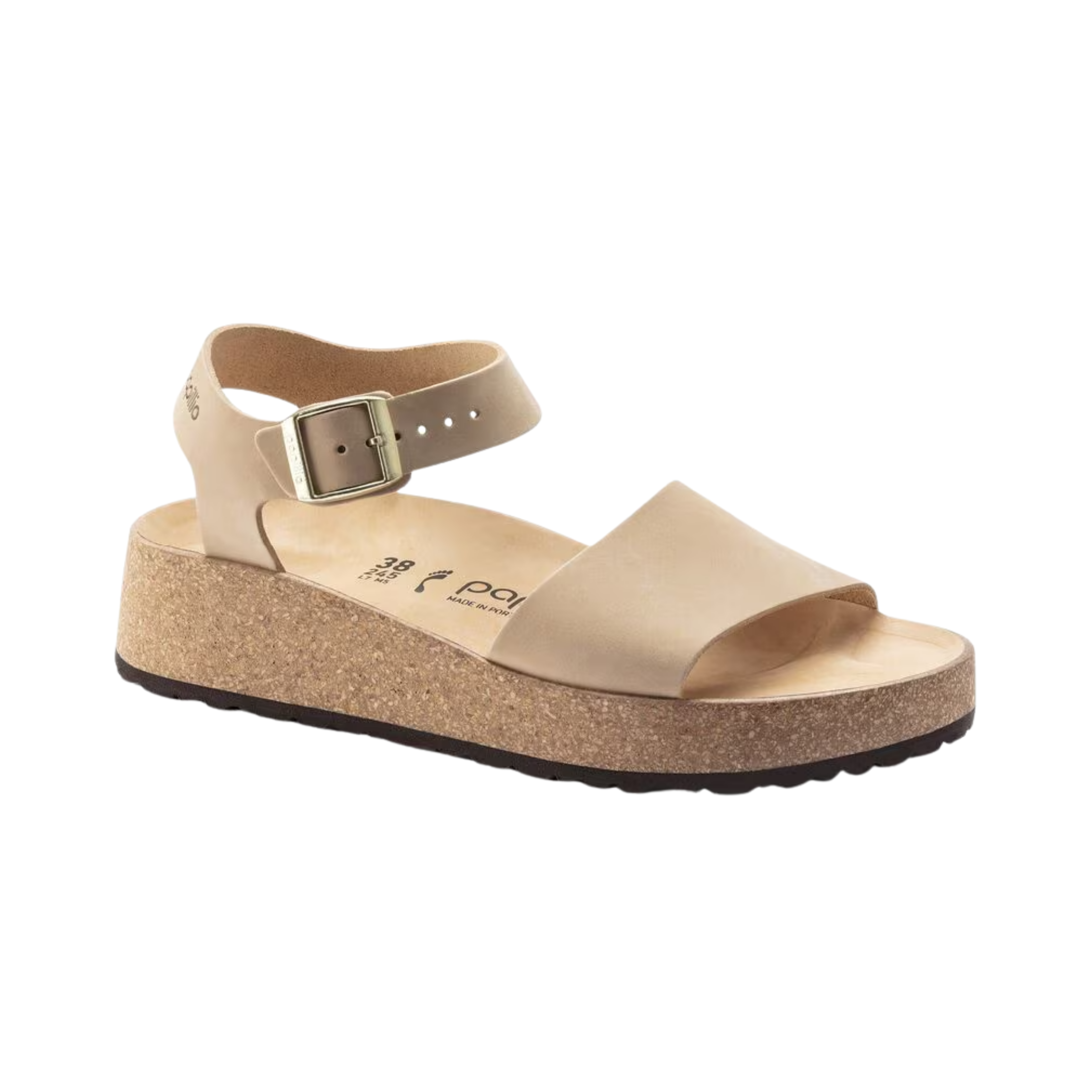 Side View of Women’s Birkenstock Glenda Nubuck Leather sandal in sandcastle – featuring premium nubuck leather straps with adjustable hook-and-loop closure, soft microfiber lining for enhanced comfort, and a contoured PU footbed with deep heel cup and arch support for natural foot alignment. The lightweight EVA and cork midsole offers cushioned shock absorption, while the flexible rubber outsole ensures durable traction for everyday wear.