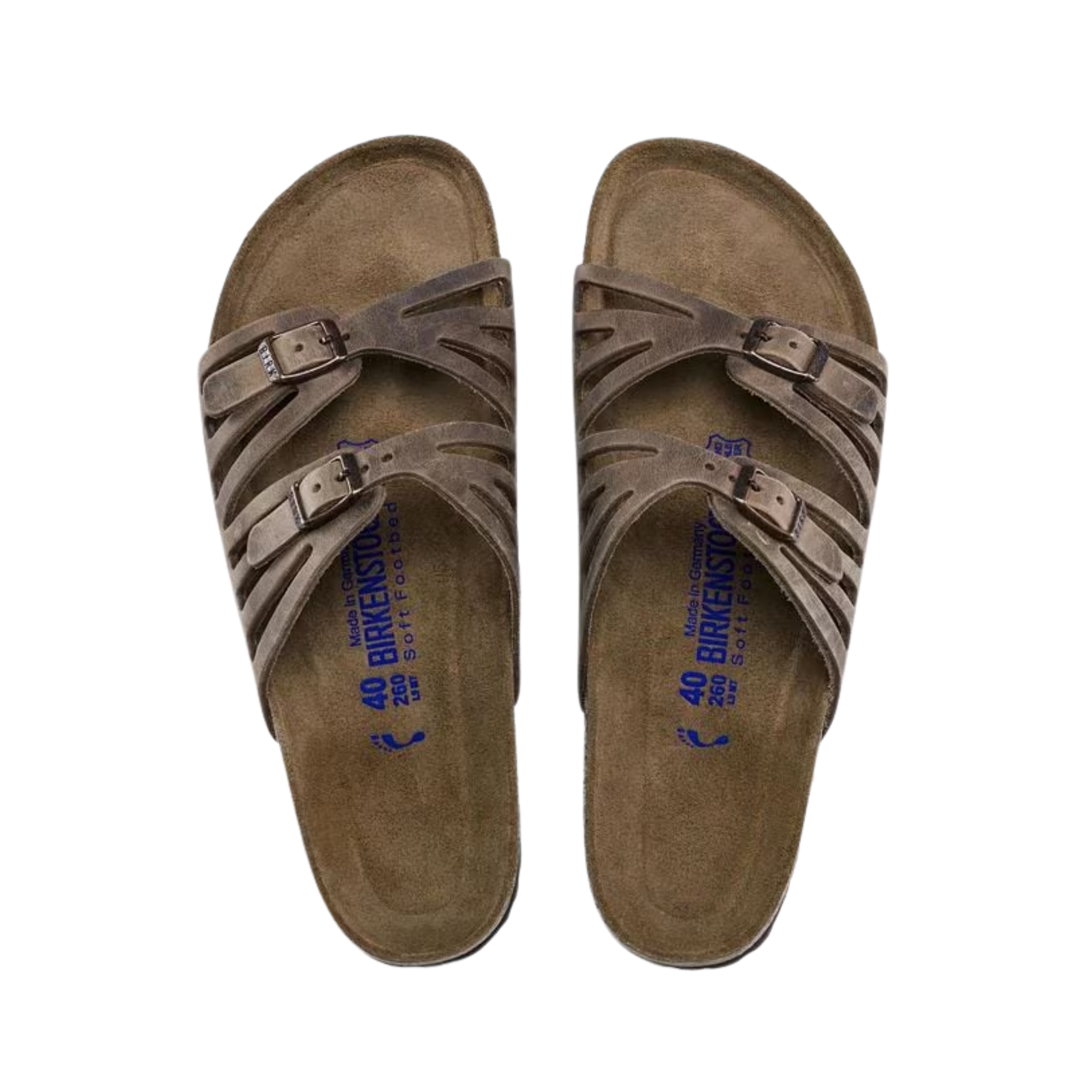 Top View of Women’s Birkenstock Granada Soft Footbed Oiled Leather sandal in tobacco brown – featuring dual oiled leather straps with elegant cutout detailing and adjustable metal buckles, anatomically shaped cork-latex soft footbed with an extra layer of foam for added cushioning, and suede lining for breathable, moisture-wicking comfort.