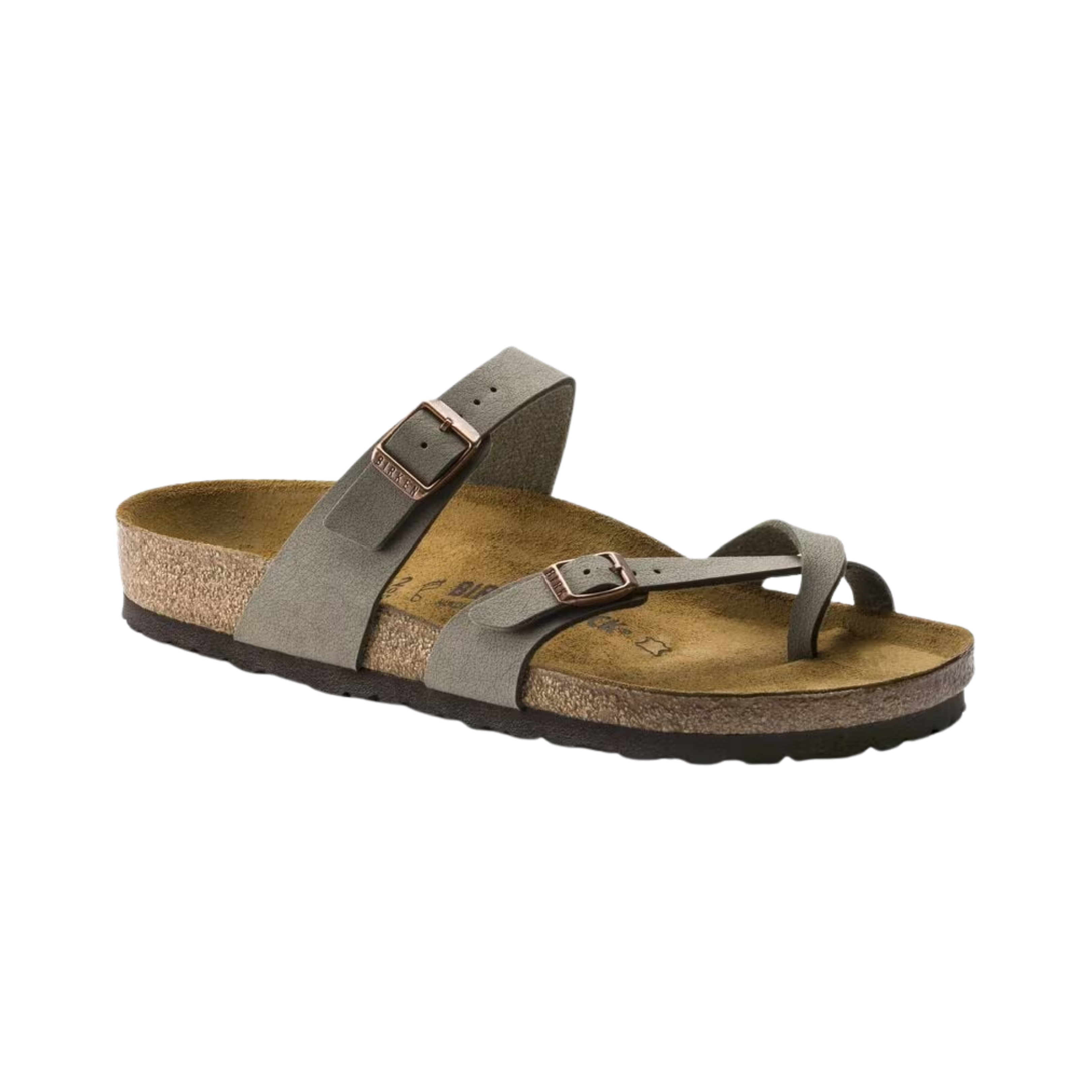Side View of Women’s Birkenstock Mayari Birkibuc sandal in stone – featuring soft, skin-friendly Birkibuc synthetic upper with toe loop and crisscross strap design, adjustable metal buckles for a personalized fit, anatomically shaped cork-latex footbed with deep heel cup and raised toe bar for natural alignment, and a lightweight EVA outsole for flexibility and shock absorption.