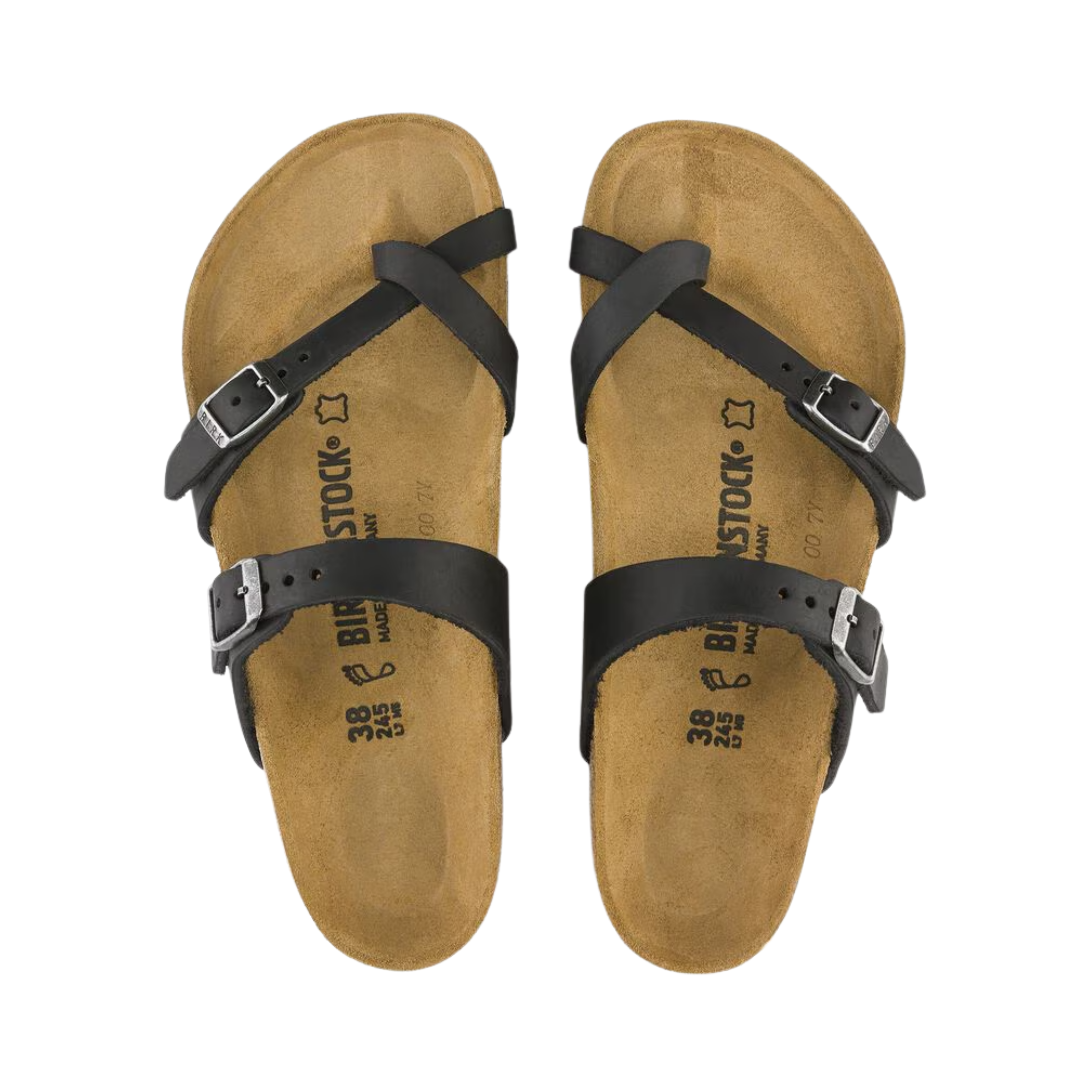 Top View of Women’s Birkenstock Mayari Oiled Leather sandal in black – featuring premium oiled leather straps in a crisscross design with a supportive toe loop, adjustable metal buckles for a customized fit, anatomically shaped cork-latex footbed with deep heel cup and raised toe bar for natural alignment, and suede lining for moisture-wicking comfort.