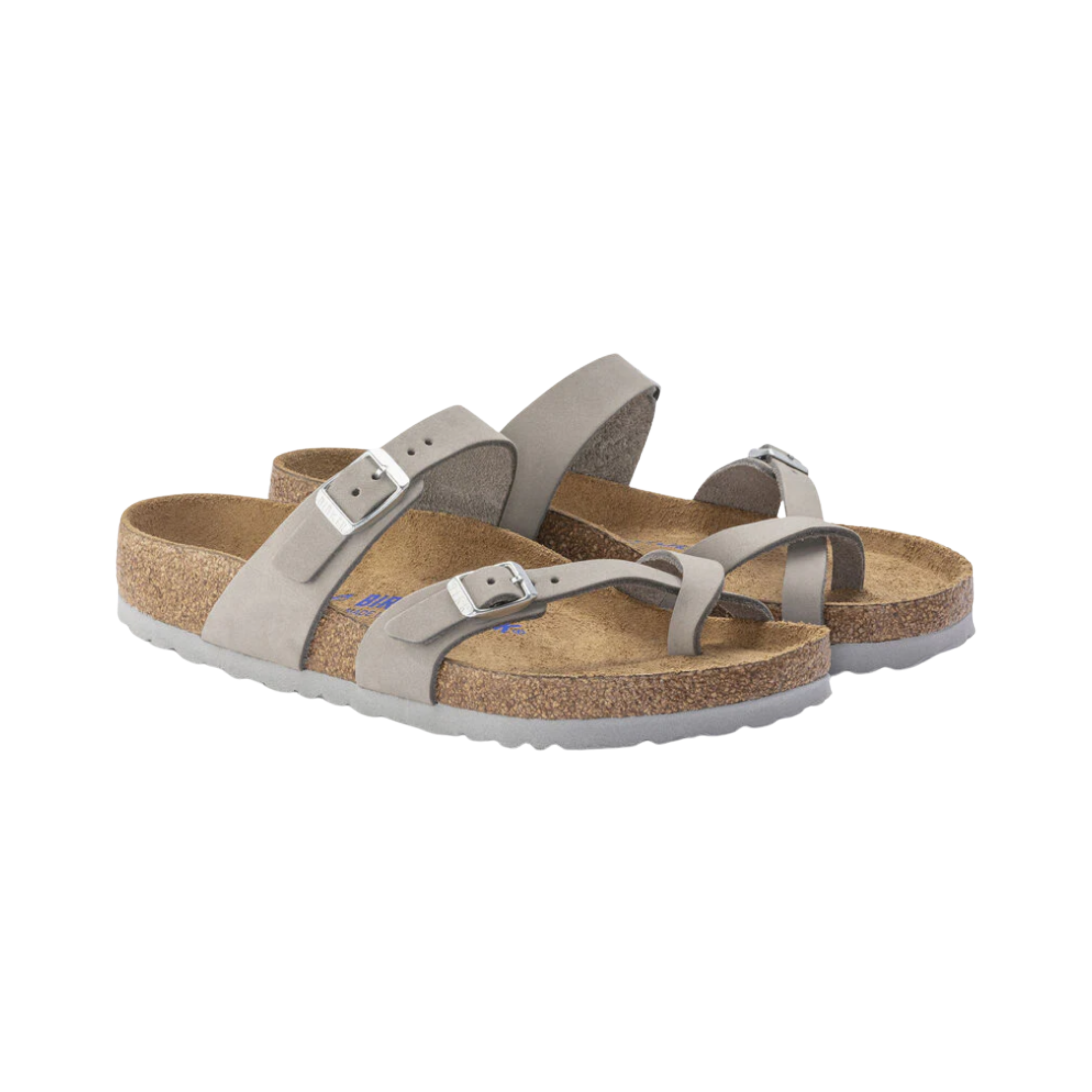 Side View of Women’s Birkenstock Mayari Soft Footbed Nubuck Leather sandal in dove grey – featuring soft nubuck leather straps with toe loop and crisscross design, adjustable metal buckles for a personalized fit, anatomically shaped cork-latex soft footbed with extra foam cushioning for enhanced comfort, and a lightweight EVA outsole for shock absorption and flexibility.