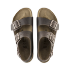 Top View of Women’s Birkenstock Milano Oiled Leather sandal in habana – featuring three adjustable oiled leather straps, contoured cork-latex footbed for arch support, and spacious toe area for natural foot alignment.