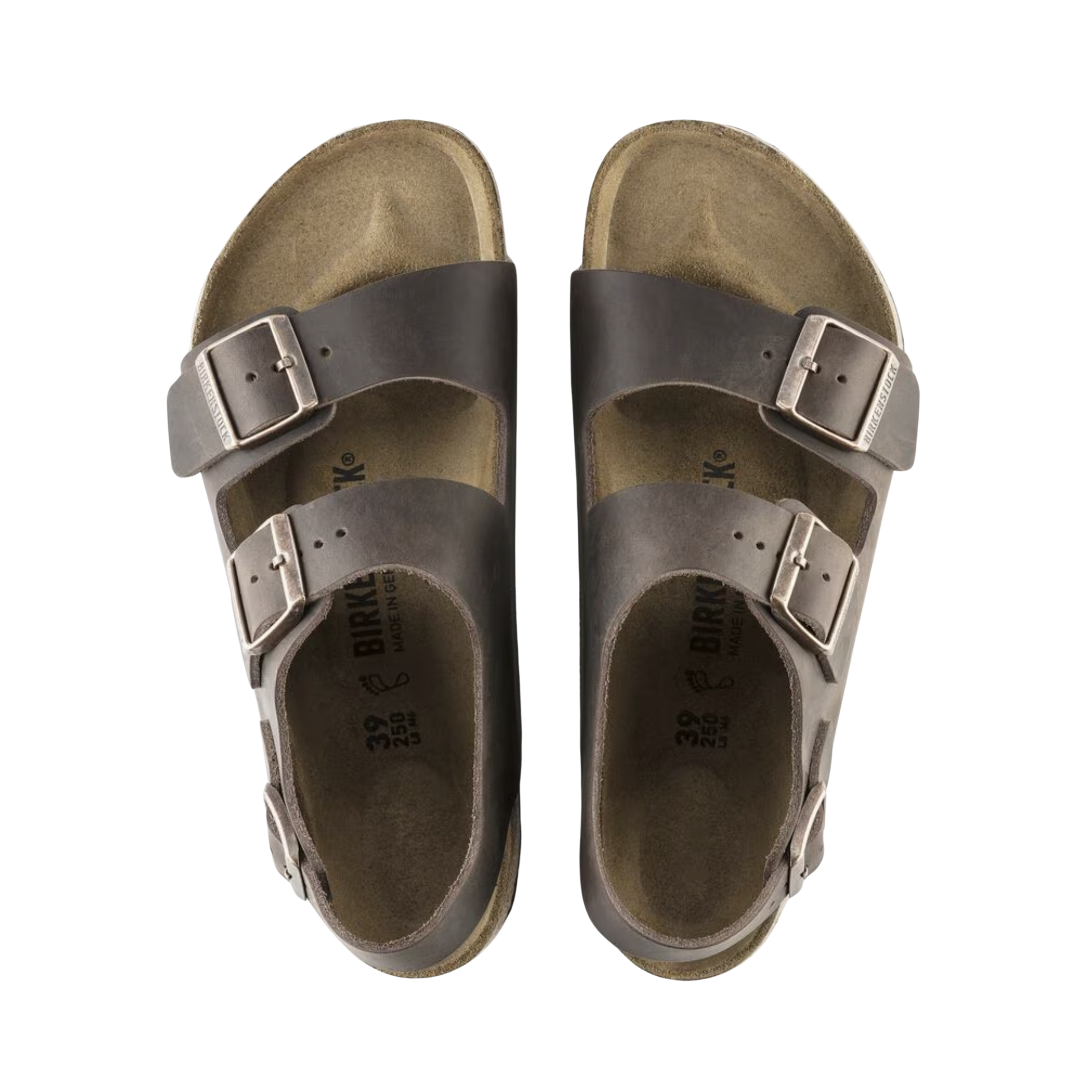 Top View of Women’s Birkenstock Milano Oiled Leather sandal in habana – featuring three adjustable oiled leather straps, contoured cork-latex footbed for arch support, and spacious toe area for natural foot alignment.