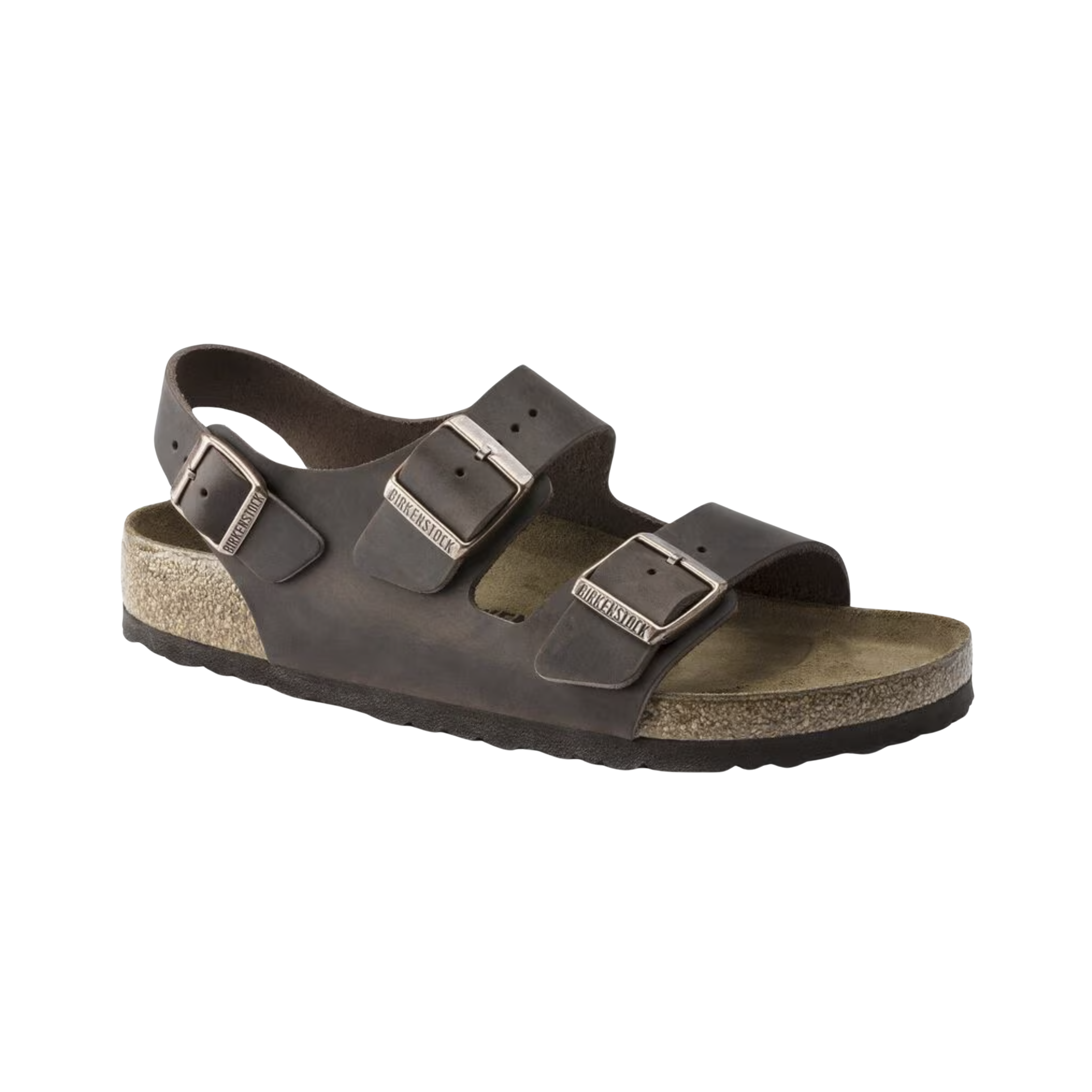 Side View of Women’s Birkenstock Milano Oiled Leather sandal in habana – featuring premium oiled leather straps with adjustable buckles, contoured cork-latex footbed with suede lining for support and moisture control, deep heel cup and raised toe bar for natural foot positioning, and a shock-absorbing EVA outsole for long-lasting comfort.