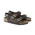 Side View of Women’s Birkenstock Milano Oiled Leather sandal in habana – featuring thick oiled leather straps with adjustable metal buckles, anatomically shaped cork-latex footbed for arch and heel support, deep heel cup for stability, and lightweight EVA outsole for cushioned shock absorption and durability.