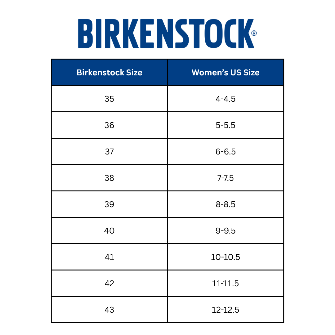 Chart for Birkenstock Women’s Shoe Size Chart – detailed sizing guide displaying foot length measurements in both inches and centimeters, correlating to corresponding Birkenstock shoe sizes for accurate fit selection.