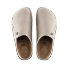 Top View of Women’s Birkenstock Zermatt Canvas Textile slipper in eggshell – featuring a soft canvas textile upper, contoured cork-latex footbed for arch support, and roomy toe box for natural foot positioning.