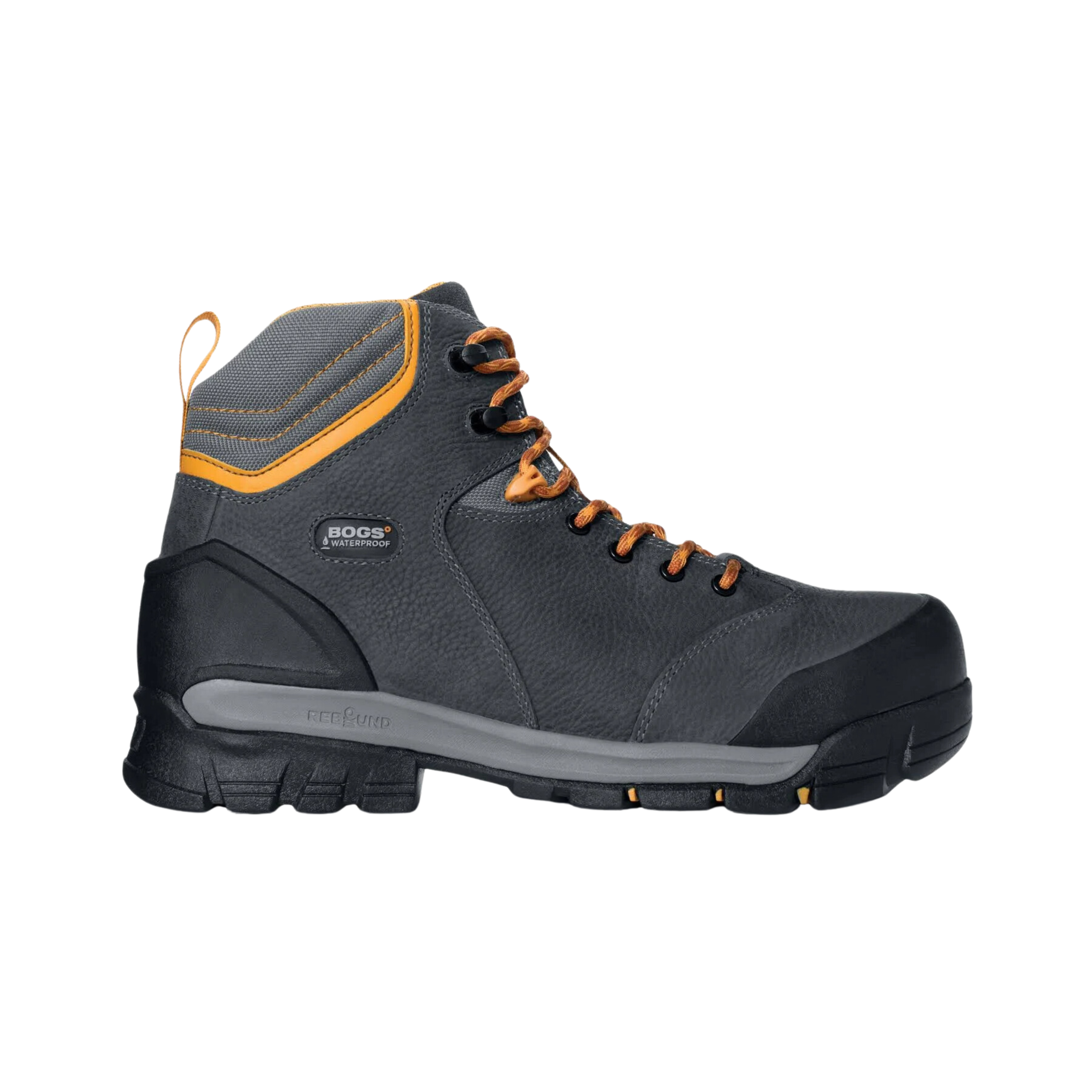 Side view of Men’s Bogs Bedrock 6-inch composite toe work boot in black, orange, and grey – featuring tall waterproof leather upper, lightweight composite toe certified to ASTM standards, cushioned insole with rebound technology for fatigue reduction, and rugged outsole with excellent grip on slippery surfaces.