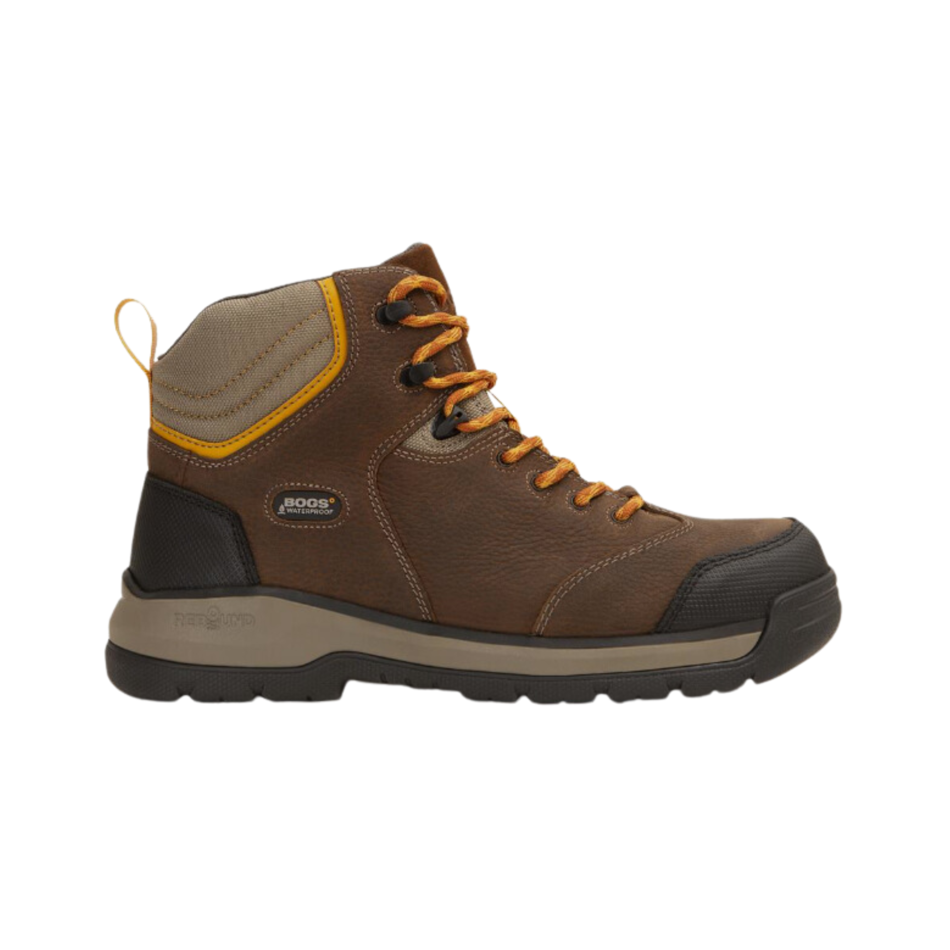Side view of Men’s Bogs Bedrock II composite toe work boot in brown, orange, and black – featuring waterproof leather shell with enhanced chemical resistance, composite toe protection for safety compliance, cushioned footbed for shock absorption, and rugged outsole designed for superior traction and stability.