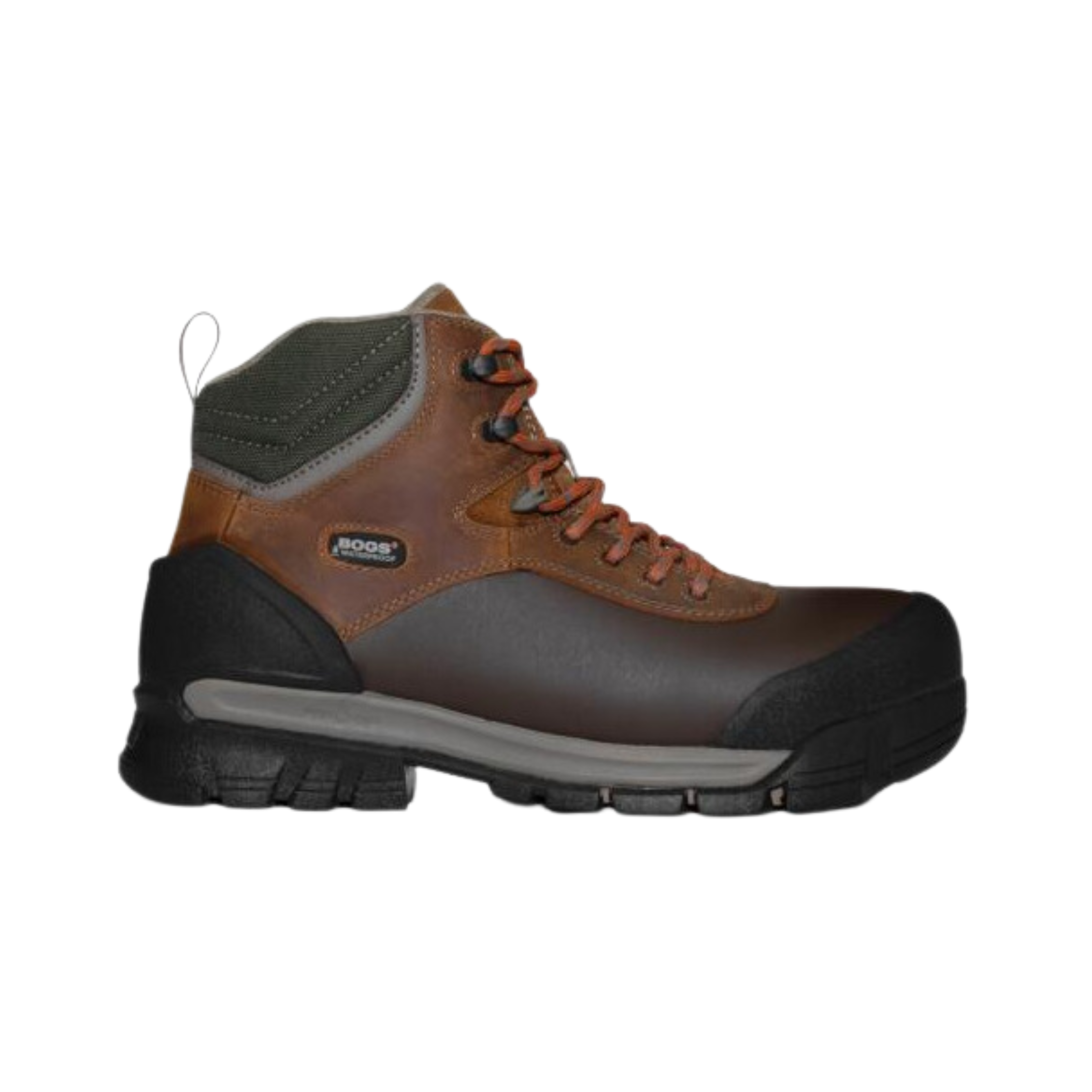 Side view of Men’s Bogs Bedrock Shell composite toe work boot in brown and black – featuring 6-inch waterproof leather upper, composite safety toe meeting ASTM standards, rebound cushioning midsole for all-day comfort, and BioGrip outsole with slip and chemical resistance for durability on tough job sites.