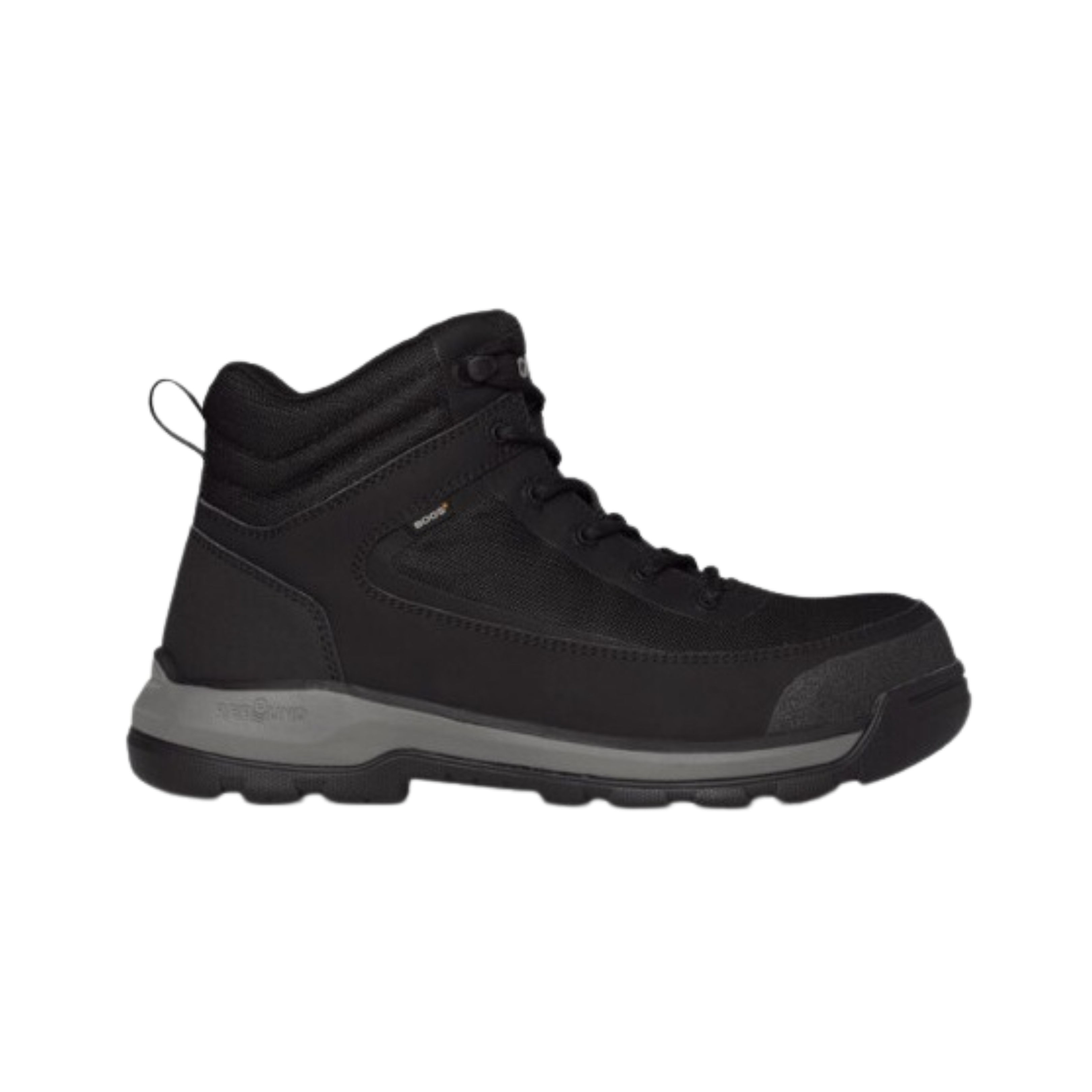 Side view of Men’s Bogs Shale Mid composite toe ESD work boot in black and grey – featuring mid-height waterproof construction, composite safety toe for impact protection, ESD (electrostatic discharge) properties for workplace safety, and durable slip-resistant outsole.