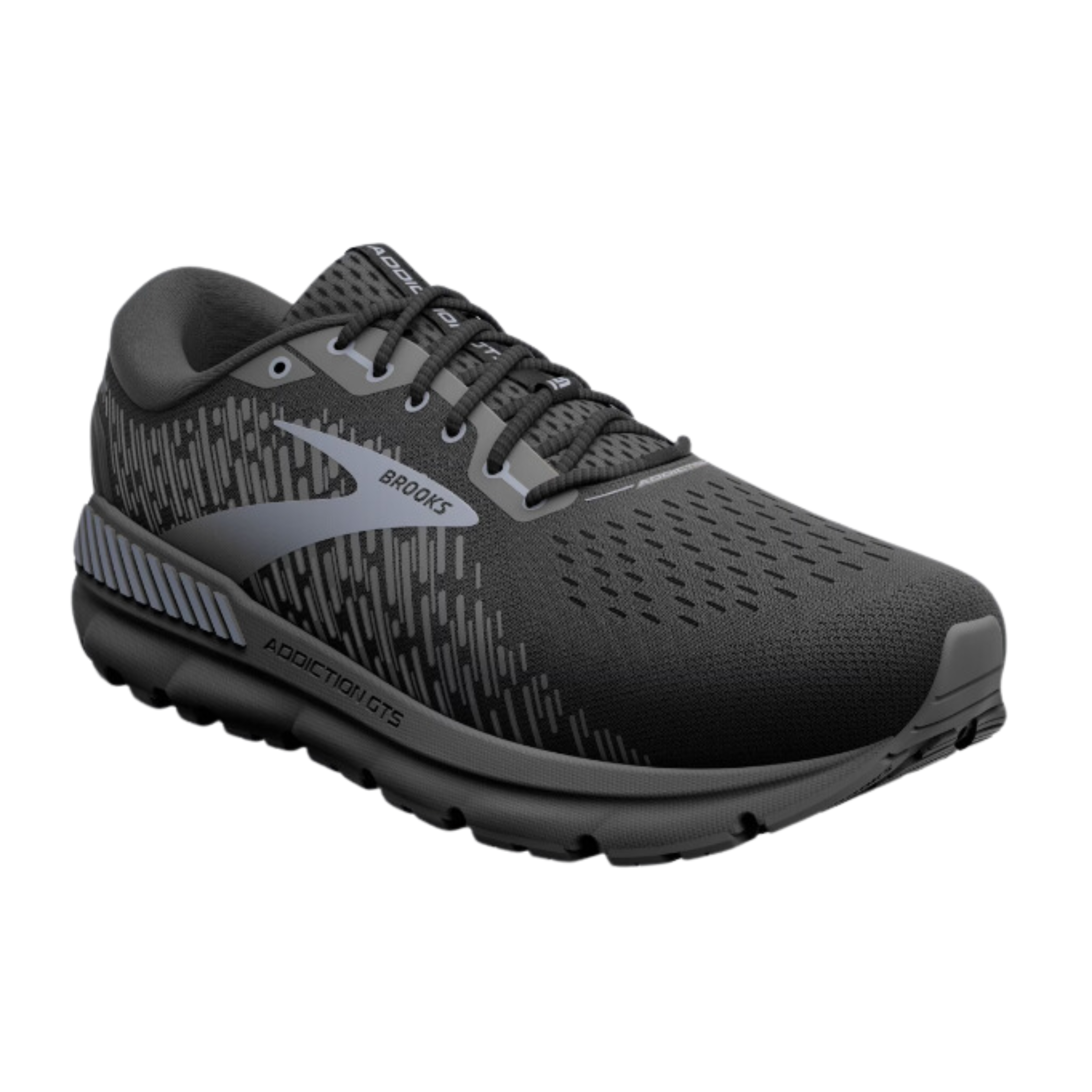 Angled view of Men’s Brooks Addiction GTS 15 running shoe in black, black, and ebony – featuring supportive midsole with extended medial post for overpronation control, sleek silhouette designed for stability and comfort.
