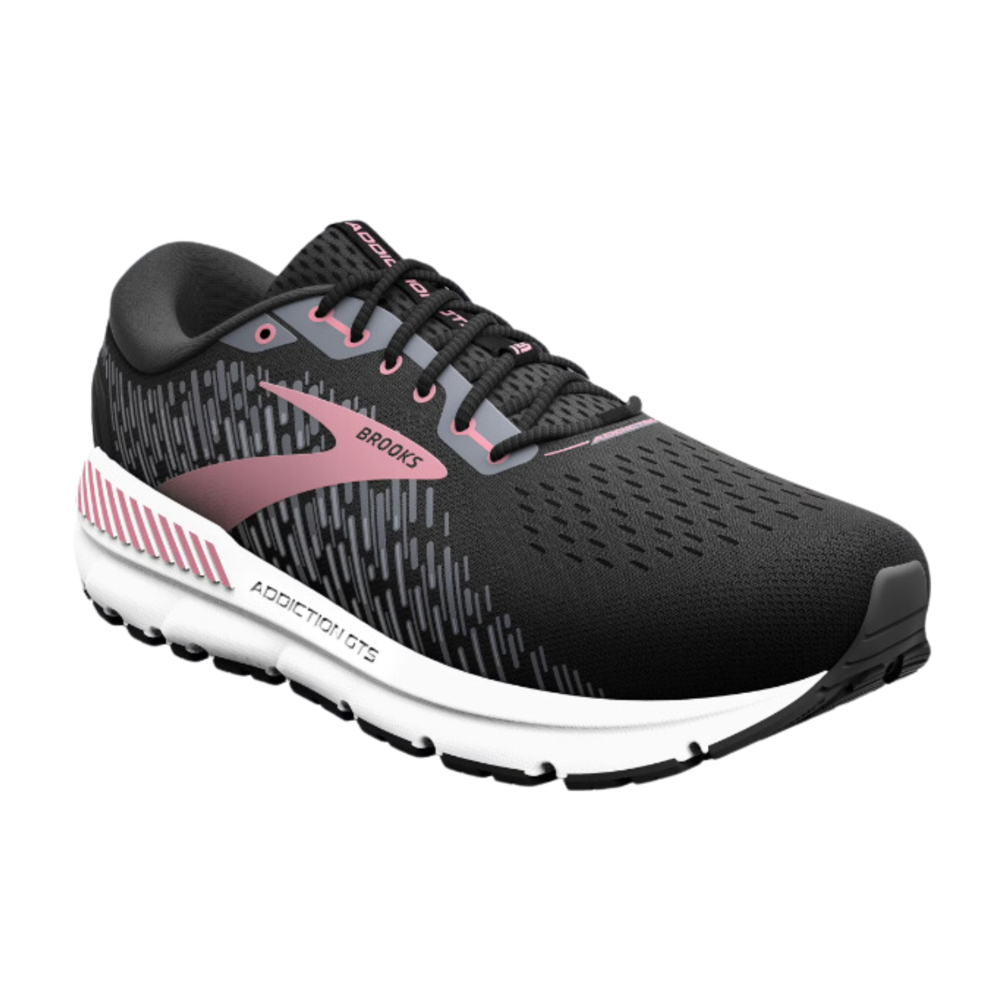 Angled view of Women’s Brooks Addiction GTS 15 running shoe in black, ebony, and mauvewood – featuring engineered mesh upper for breathability, GuideRails® support system for enhanced stability, DNA LOFT cushioning for a soft, responsive ride, and a durable rubber outsole for traction on varied surfaces.