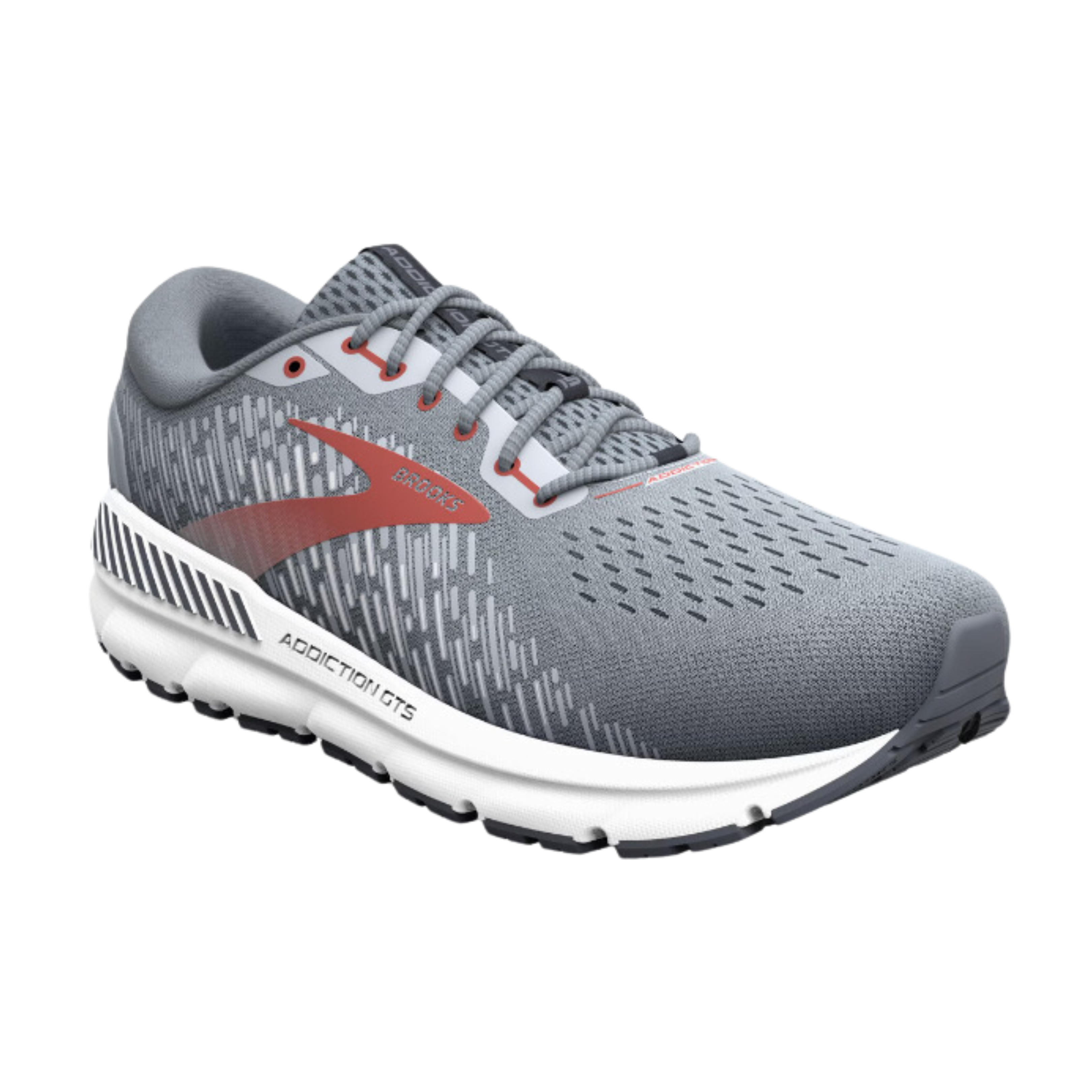 Angled view of Men’s Brooks Addiction GTS 15 athletic shoe in grey, red, and white – featuring GuideRails support, adaptive cushioning, and breathable mesh upper.