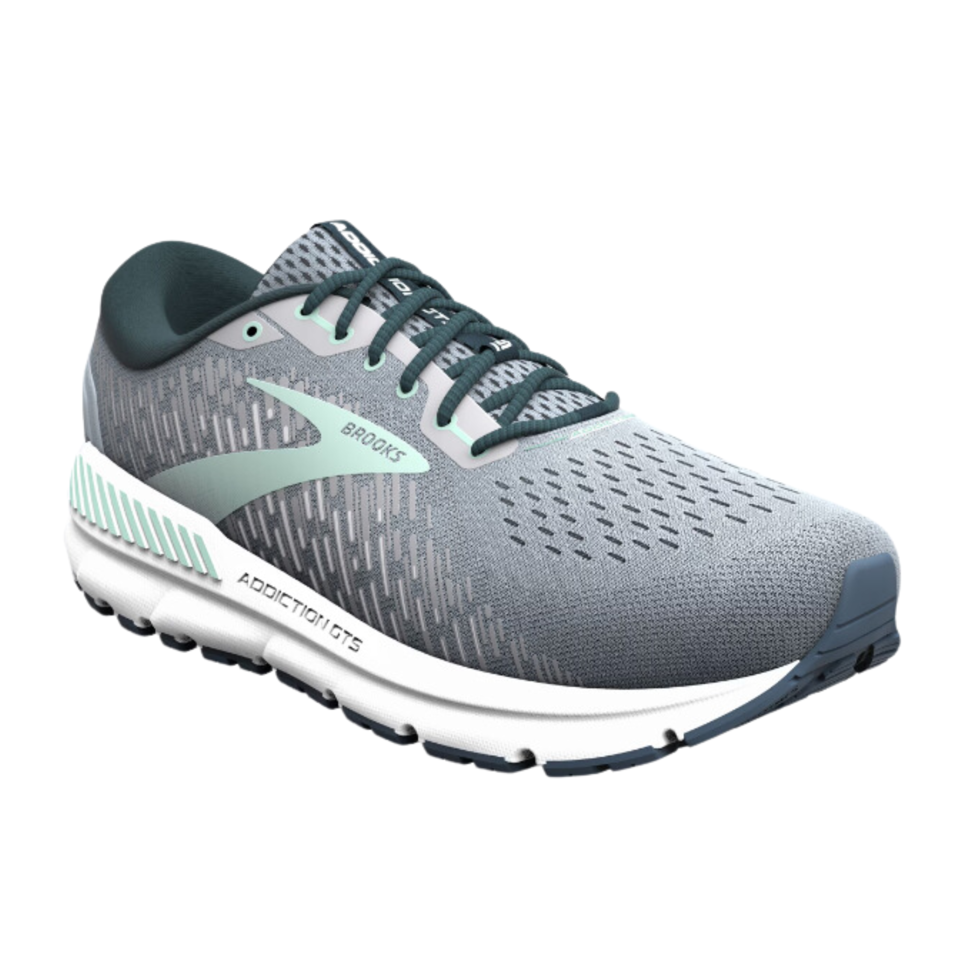 Angled view of Women’s Brooks Addiction GTS 15 running shoe in grey, navy, and aqua – featuring supportive midsole with extended medial post for overpronation control, sleek silhouette designed for stability and comfort.