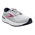 Angled view of Women’s Brooks Addiction GTS 15 running shoe in oyster, peacoat, and lilac rose – featuring supportive midsole with extended medial post for overpronation control, sleek silhouette designed for stability and comfort.
