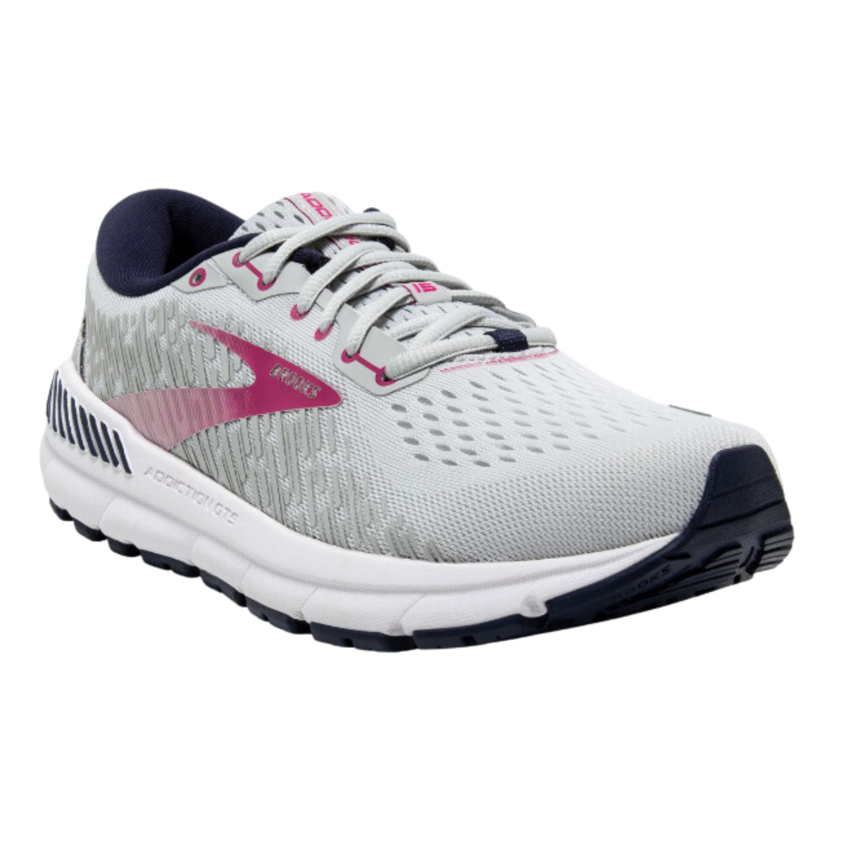 Angled view of Women’s Brooks Addiction GTS 15 running shoe in oyster, peacoat, and lilac rose – featuring supportive midsole with extended medial post for overpronation control, sleek silhouette designed for stability and comfort.