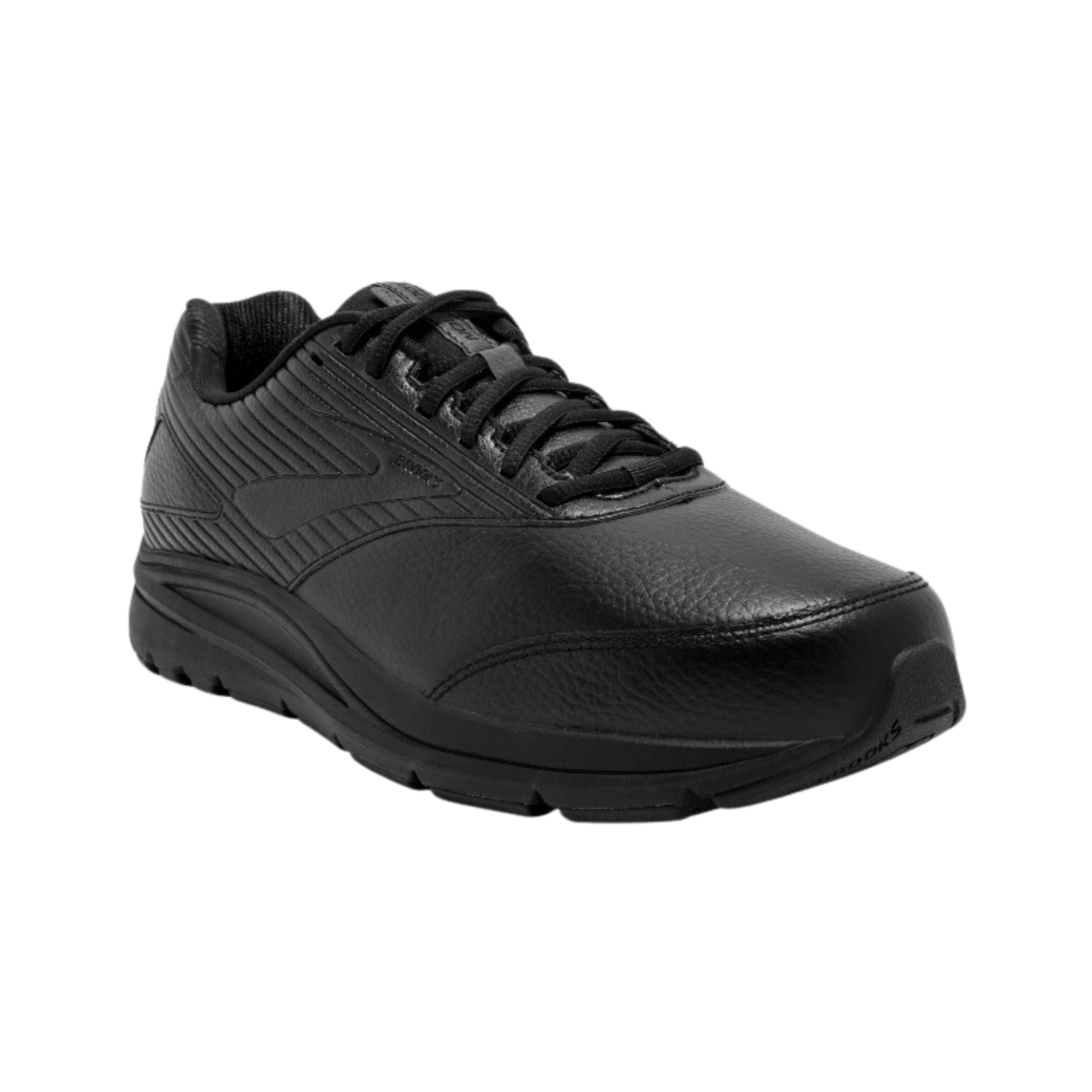 Side view of Men’s Brooks Addiction Walker 2 athletic shoe in all black – featuring sturdy leather upper, slip-resistant outsole, supportive arch and heel counter for stability, and cushioned insole for long-term comfort.