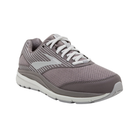 Side view of Women’s Brooks Addiction Walker suede athletic shoe in grey – featuring durable suede upper with breathable mesh panels, supportive medial post for overpronation control, BioMoGo DNA cushioning for adaptive comfort, and slip-resistant outsole for reliable traction.
