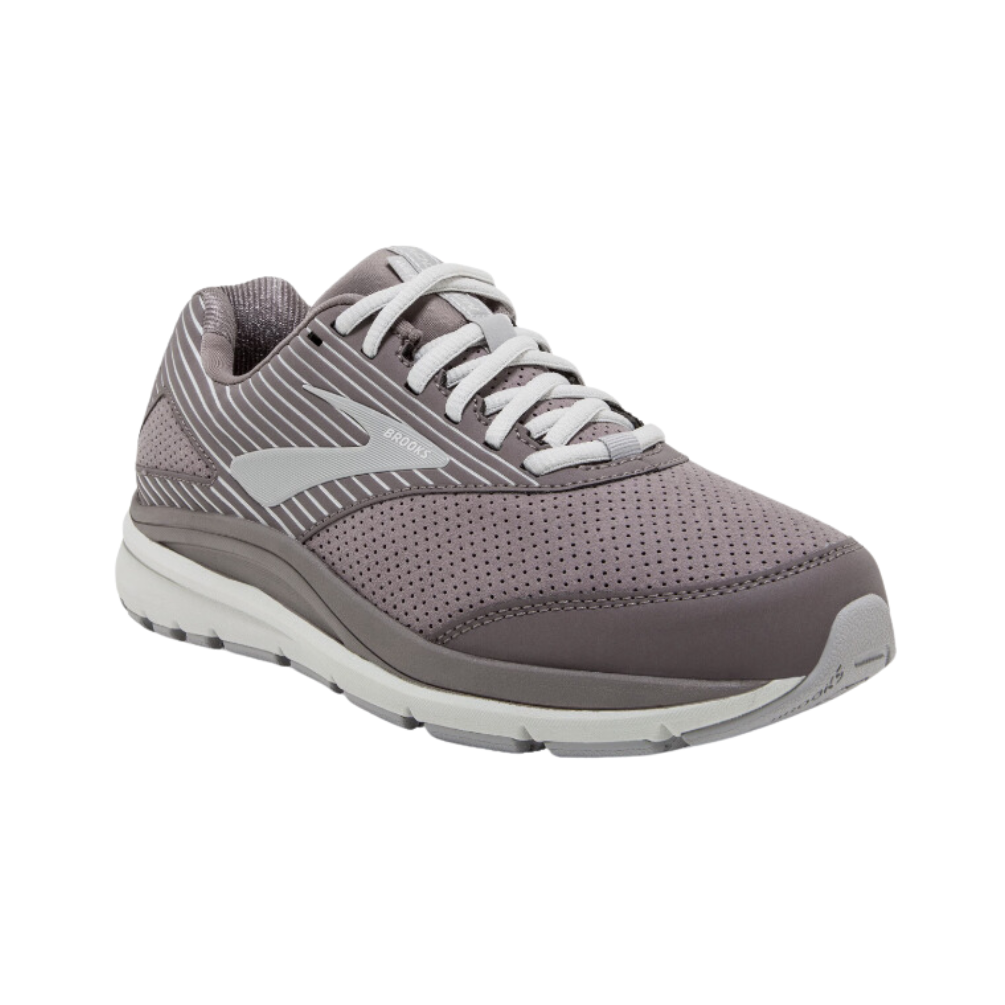 Side view of Women’s Brooks Addiction Walker suede athletic shoe in grey – featuring durable suede upper with breathable mesh panels, supportive medial post for overpronation control, BioMoGo DNA cushioning for adaptive comfort, and slip-resistant outsole for reliable traction.
