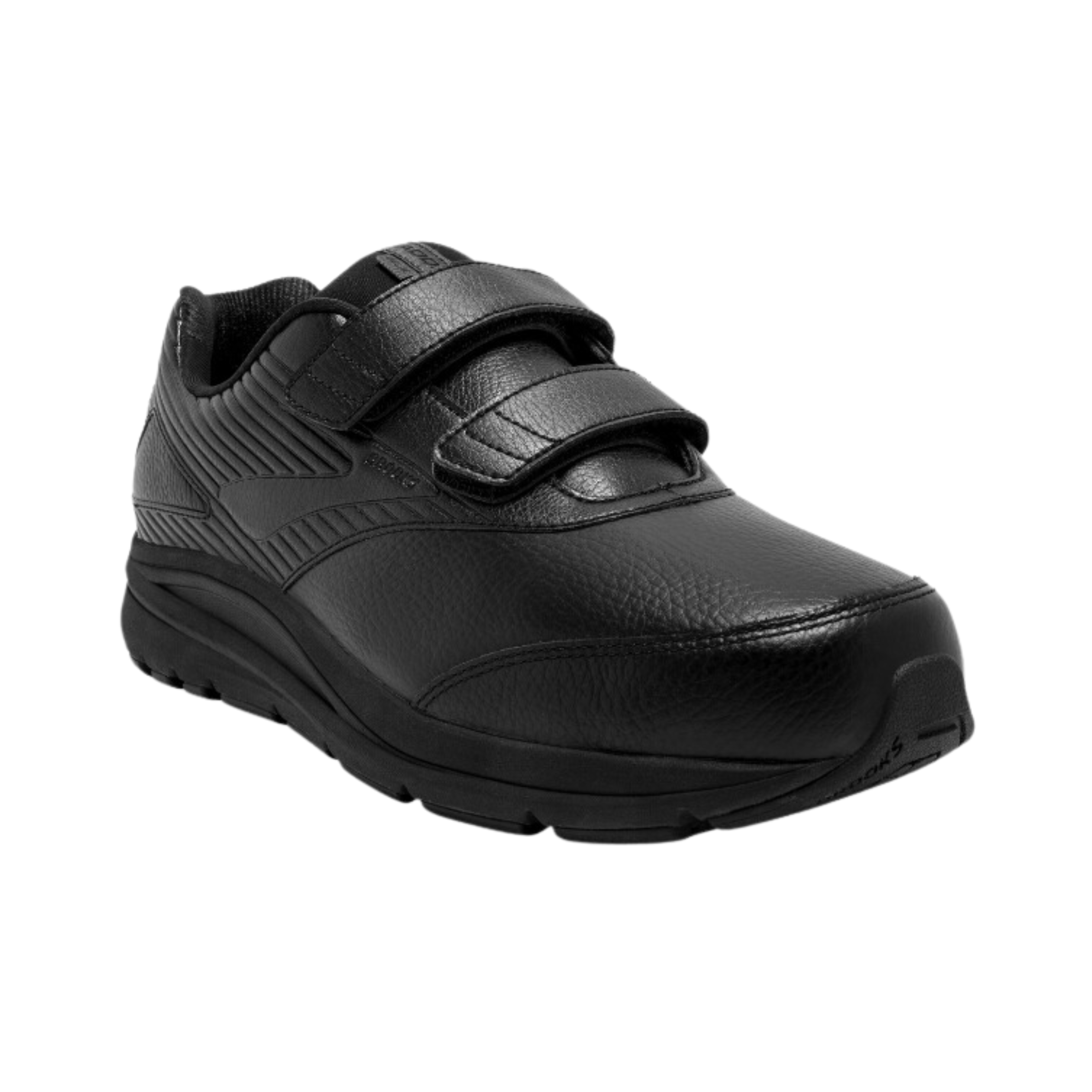 Side view of Men’s Brooks Addiction Walker V-Strap 2 athletic shoe with velcro strap in all black – showcasing leather upper with breathable mesh inserts, V-strap for personalized fit, extended support for pronation, and slip-resistant outsole.