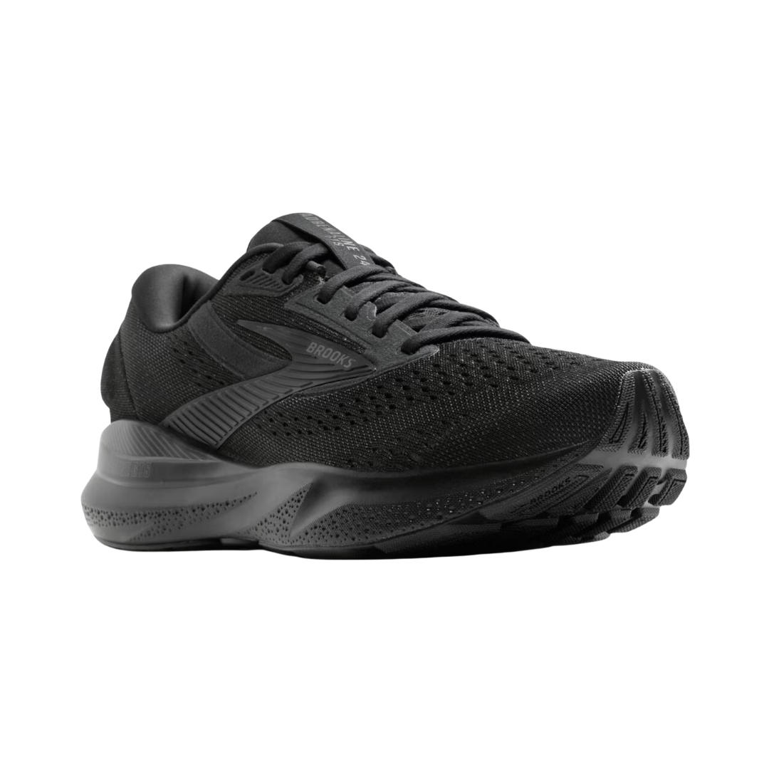 Angled view of Men’s Brooks Adrenaline GTS 24 running shoe in black, black, and ebony – featuring supportive midsole with medial post to control overpronation, breathable mesh panels for ventilation, and sleek silhouette optimized for running efficiency.