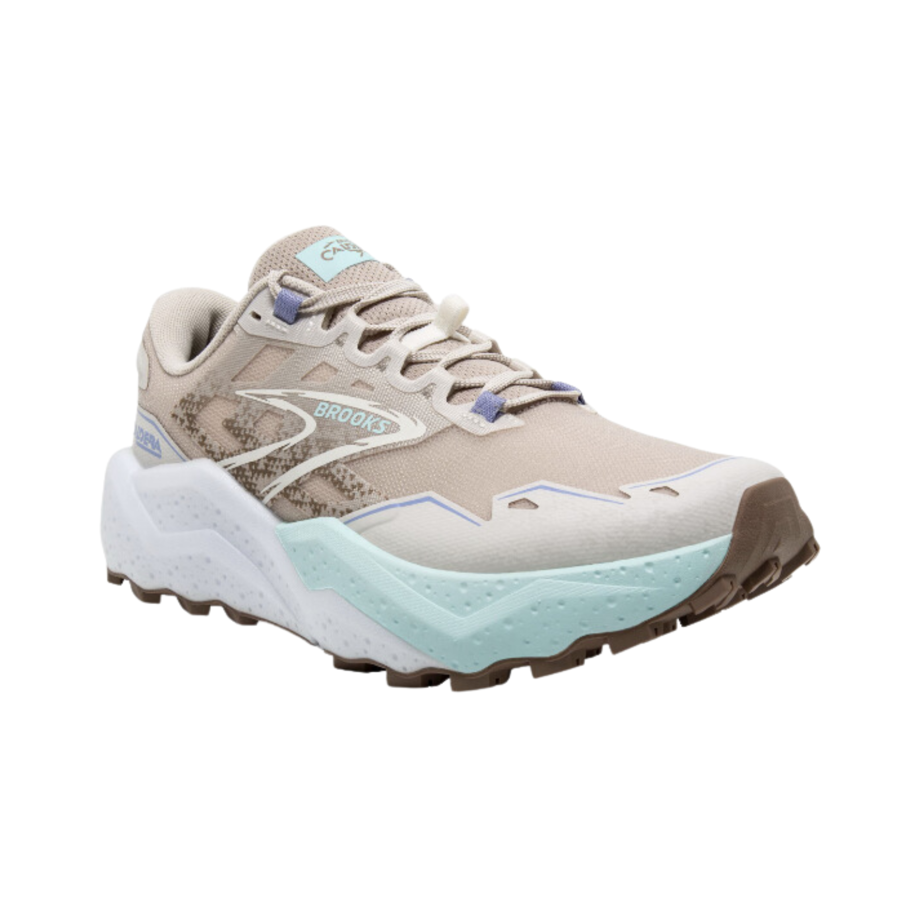 Side view of Women’s Brooks Caldera 7 athletic shoe in sand light blue, tan, and white – featuring durable mesh and synthetic upper, Vibram outsole for superior traction, lightweight cushioning midsole for shock absorption, and roomy toe box for natural toe splay.