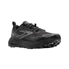 Angled view of Men’s Brooks Cascadia 18 trail running shoe in all black – featuring rugged outsole for trail traction, breathable mesh upper, and enhanced cushioning for trail comfort.