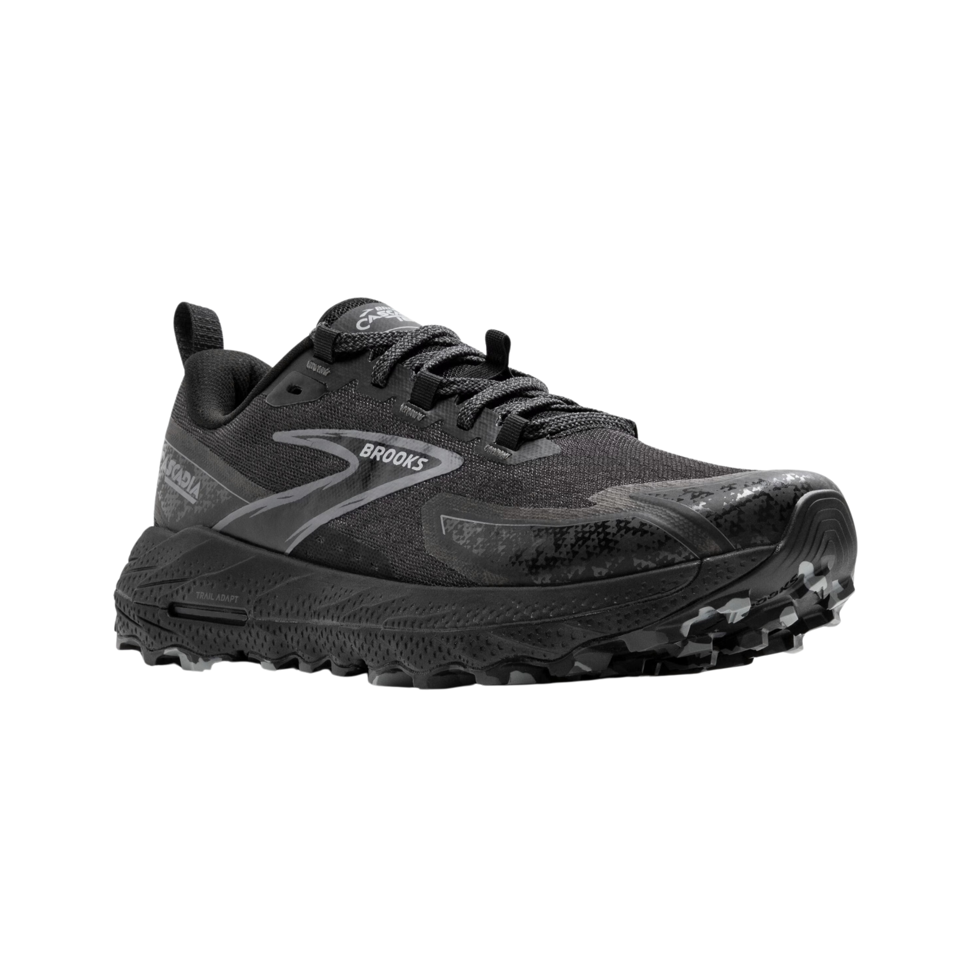 Angled view of Men’s Brooks Cascadia 18 trail running shoe in all black – featuring rugged outsole for trail traction, breathable mesh upper, and enhanced cushioning for trail comfort.